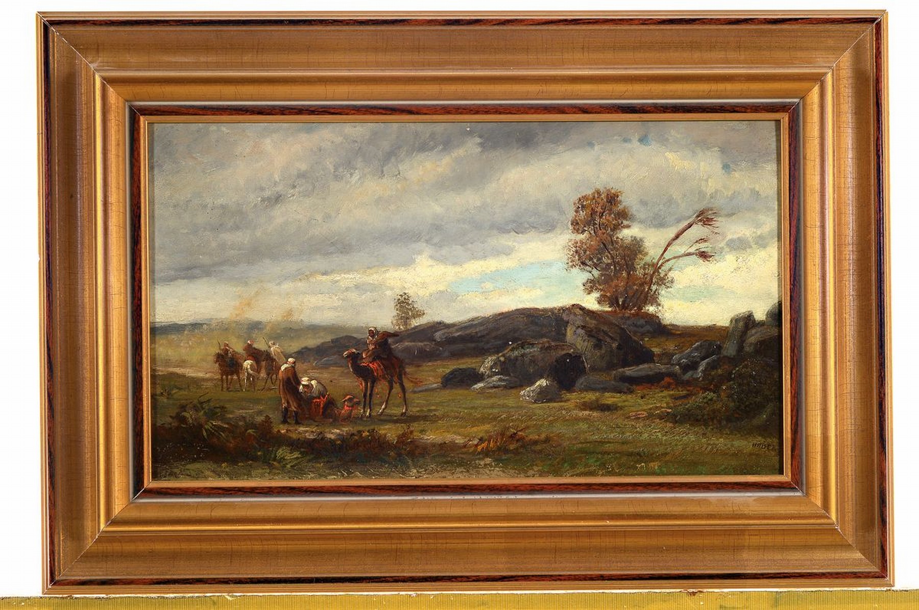 Detail k: Huber, Künstler des 19.Jh., Beduinen mit Kamelen in weiter Landschaft, im Mittelgrund aufgewirbelter Sand, rechts unten signiert Huber, ...