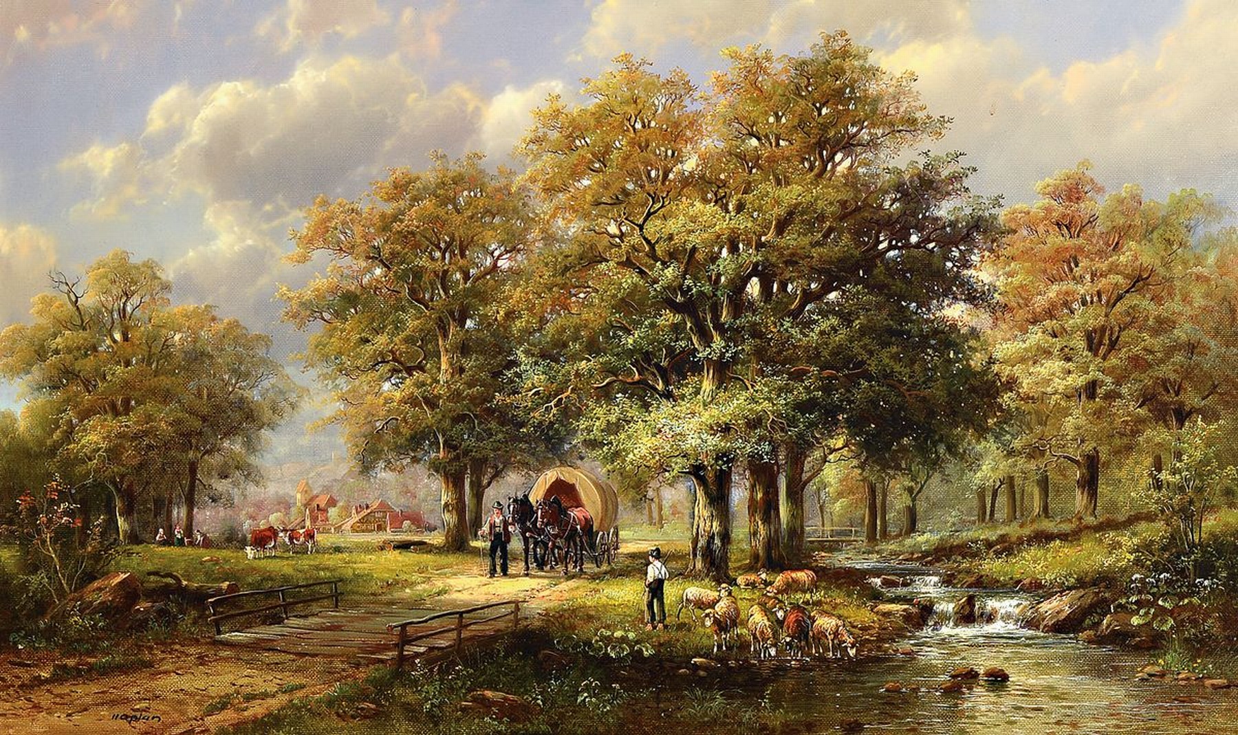 Hubert Kaplan, geb. 1940 München, idyllische Bauernlandschaft, Hütejunge mit Schafen am Bach, Bauer mit Pferdefuhrwerk, rastende Frauen und Kühe, ...