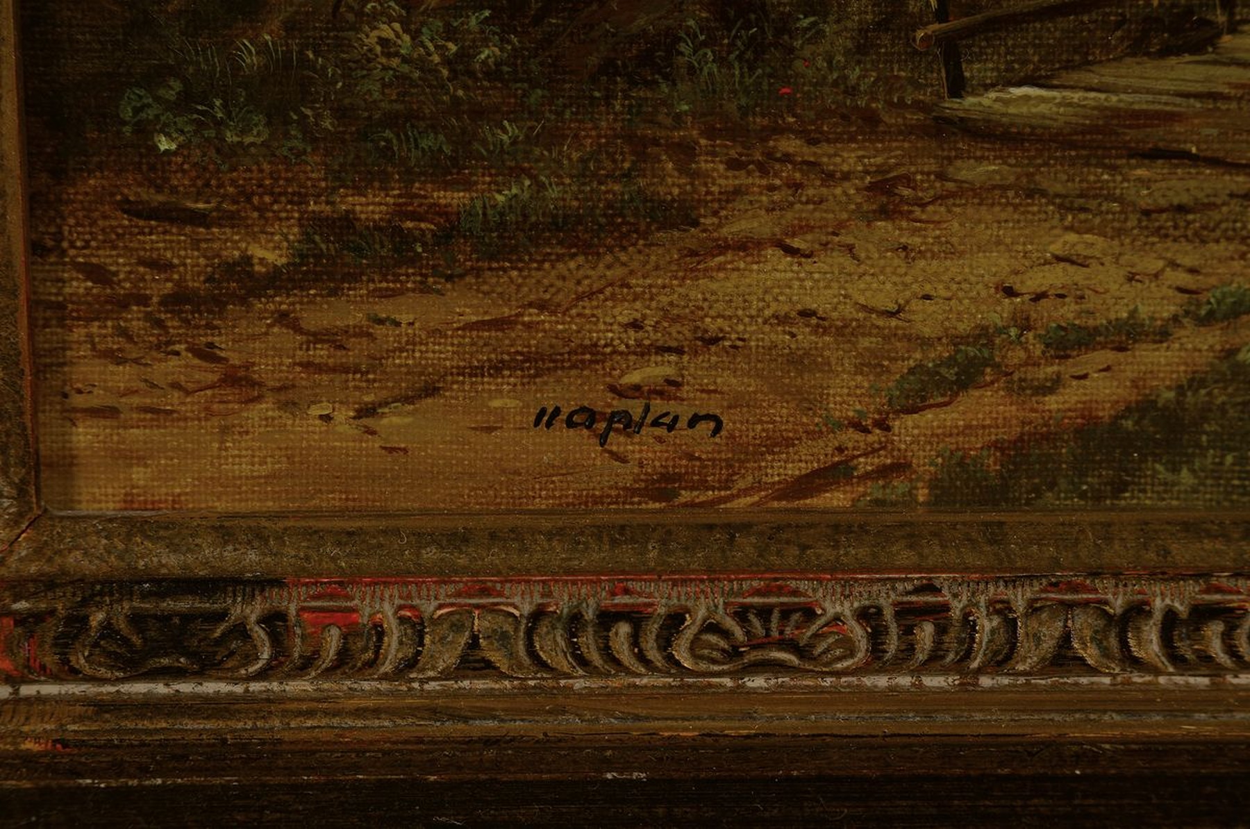 Detail a: Hubert Kaplan, geb. 1940 München, idyllische Bauernlandschaft, Hütejunge mit Schafen am Bach, Bauer mit Pferdefuhrwerk, rastende Frauen und Kühe, ...