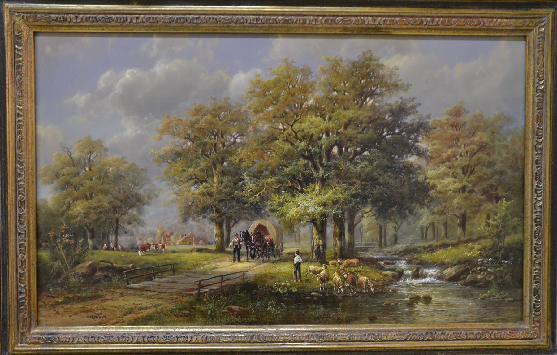Detail b: Hubert Kaplan, geb. 1940 München, idyllische Bauernlandschaft, Hütejunge mit Schafen am Bach, Bauer mit Pferdefuhrwerk, rastende Frauen und Kühe, ...