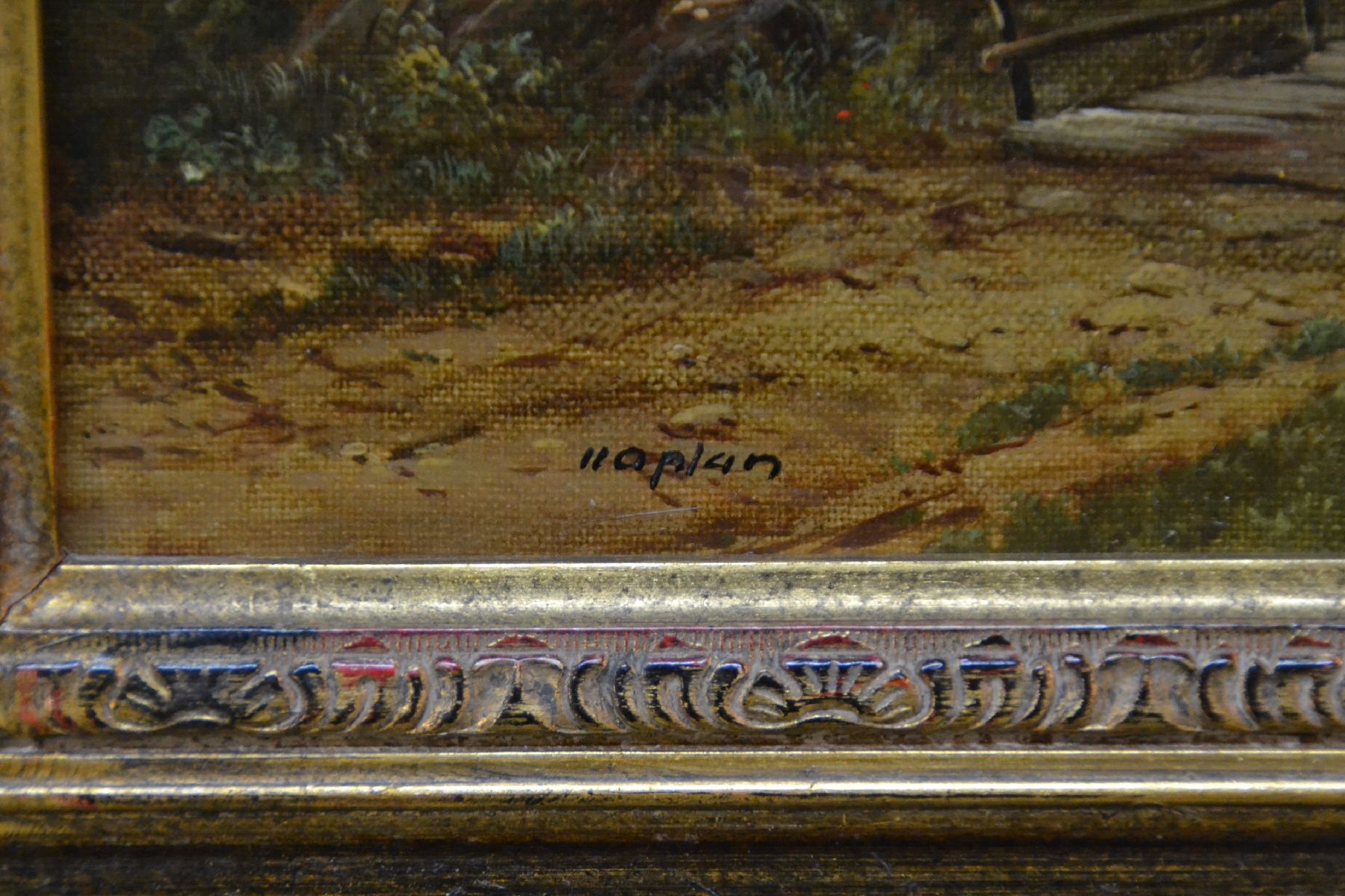 Detail c: Hubert Kaplan, geb. 1940 München, idyllische Bauernlandschaft, Hütejunge mit Schafen am Bach, Bauer mit Pferdefuhrwerk, rastende Frauen und Kühe, ...