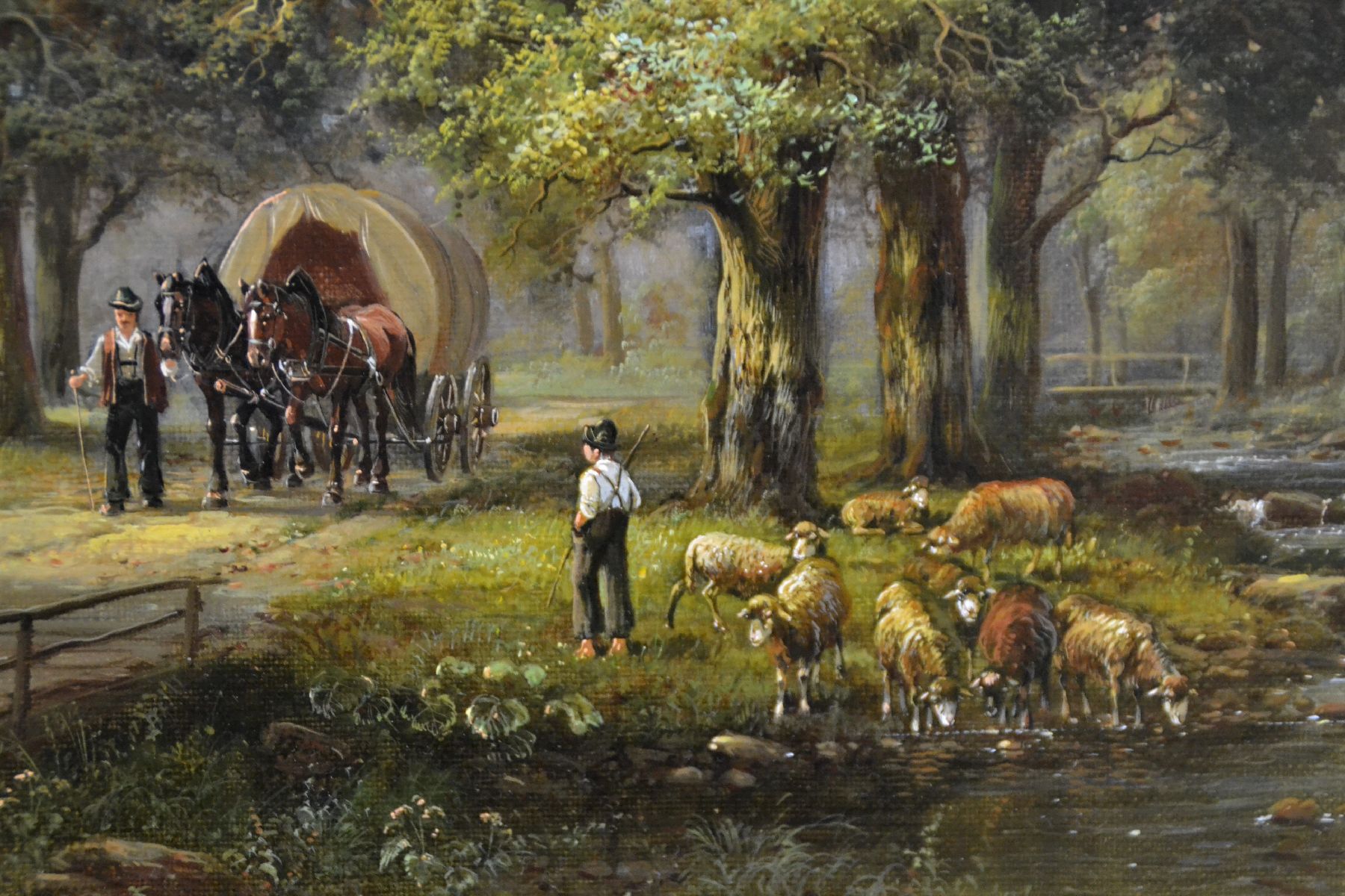 Detail d: Hubert Kaplan, geb. 1940 München, idyllische Bauernlandschaft, Hütejunge mit Schafen am Bach, Bauer mit Pferdefuhrwerk, rastende Frauen und Kühe, ...