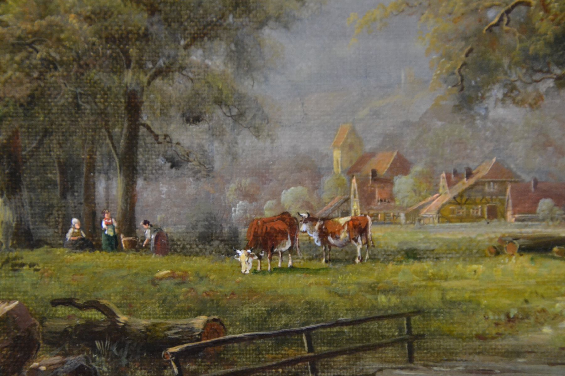 Detail e: Hubert Kaplan, geb. 1940 München, idyllische Bauernlandschaft, Hütejunge mit Schafen am Bach, Bauer mit Pferdefuhrwerk, rastende Frauen und Kühe, ...
