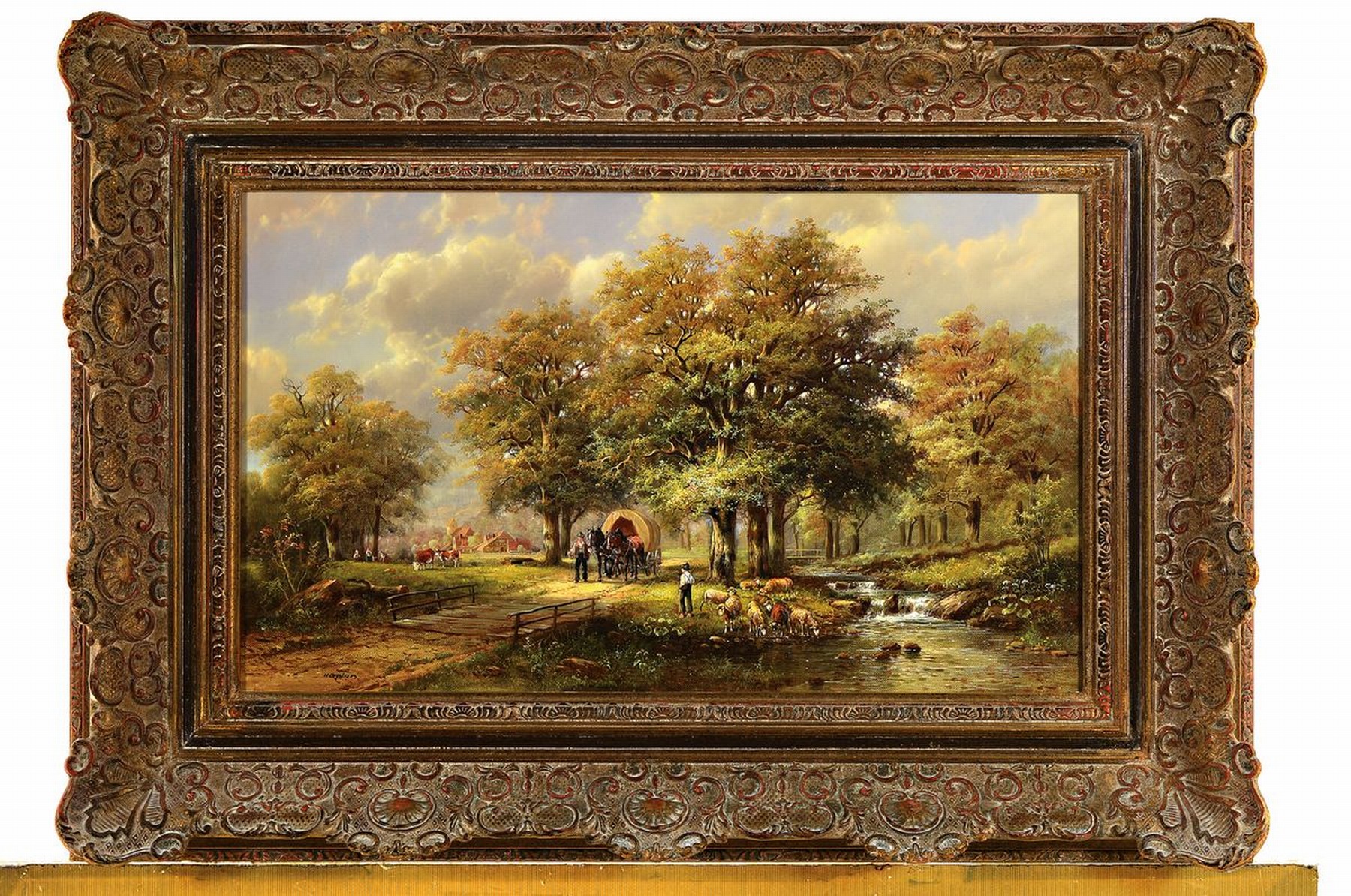 Detail k: Hubert Kaplan, geb. 1940 München, idyllische Bauernlandschaft, Hütejunge mit Schafen am Bach, Bauer mit Pferdefuhrwerk, rastende Frauen und Kühe, ...