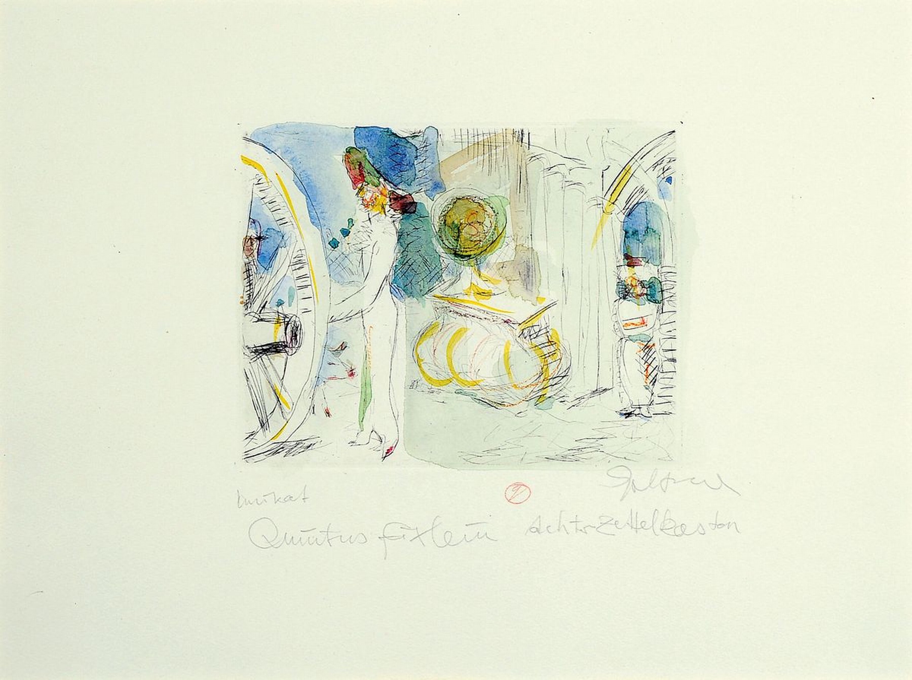 Dieter Goltzsche, geb. 1934, Aquarell über Kaltnadelradierung auf dickem Velin, Unikat der DDR Kunst, betitelt "Quintus Fixlein-Achter ...