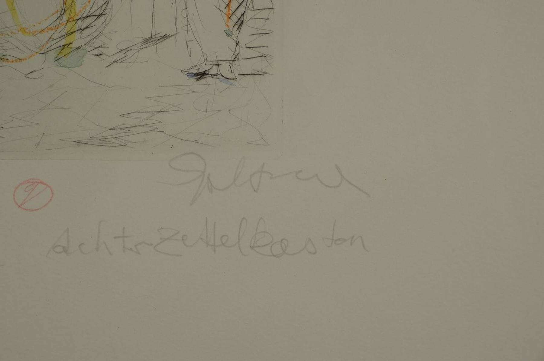 Detail c: Dieter Goltzsche, geb. 1934, Aquarell über Kaltnadelradierung auf dickem Velin, Unikat der DDR Kunst, betitelt "Quintus Fixlein-Achter ...