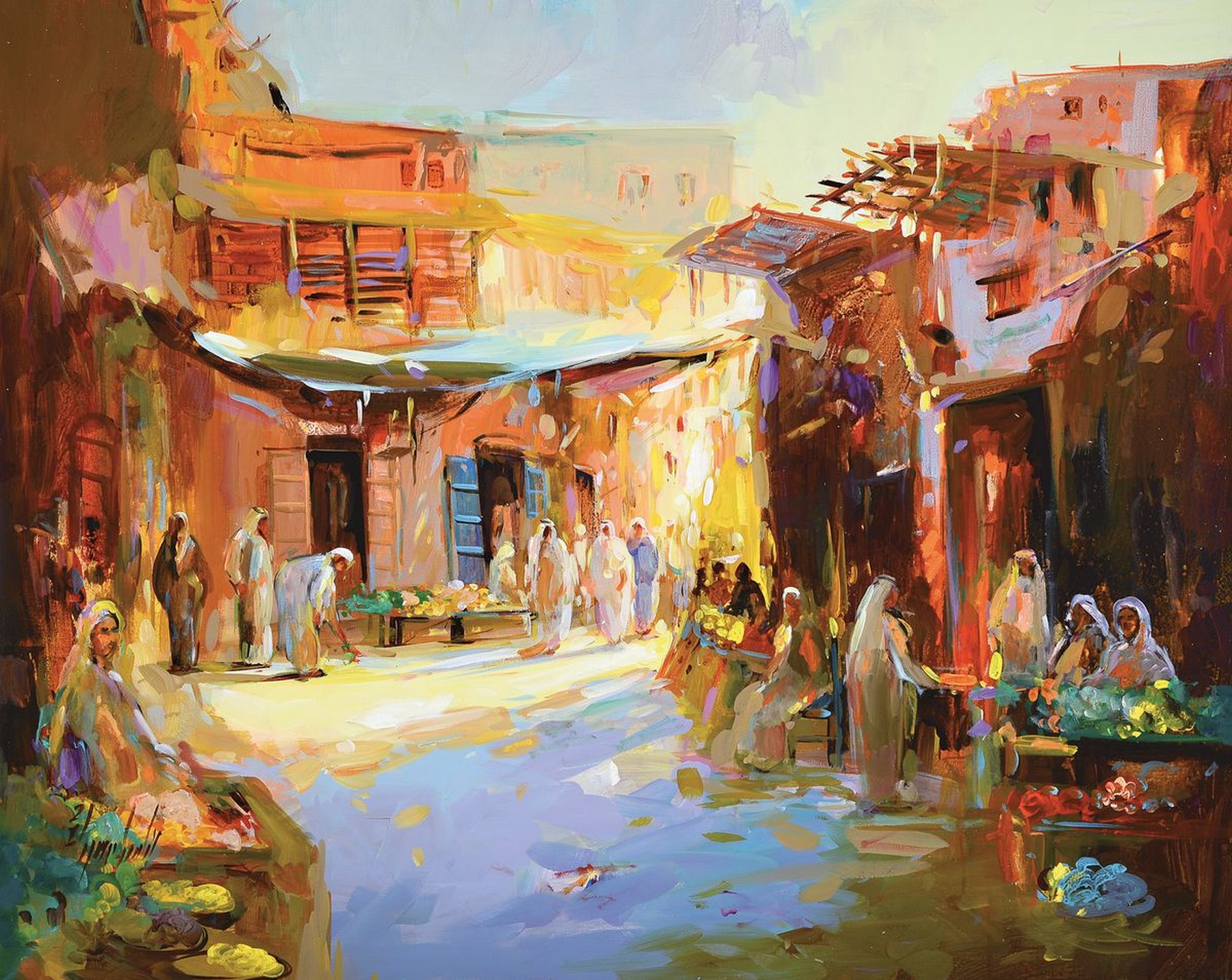 Abbas Al-Mosawi, geb. 1952, Soukszene/orientalischer Markt im Abendlicht, reiche Figurenstaffage mit Händlern und Besuchern im Gespräch, li. u. ...