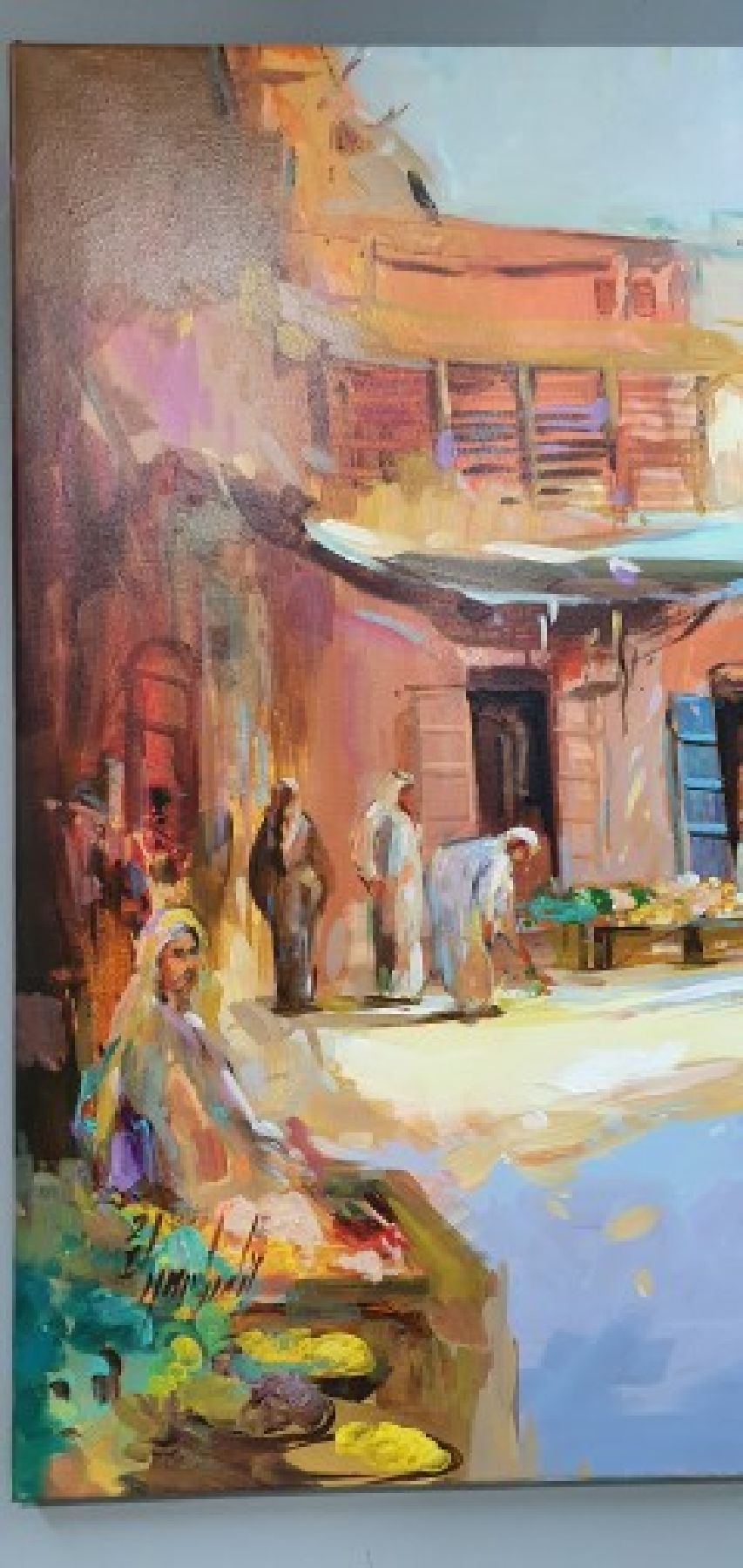 Detail d: Abbas Al-Mosawi, geb. 1952, Soukszene/orientalischer Markt im Abendlicht, reiche Figurenstaffage mit Händlern und Besuchern im Gespräch, li. u. ...