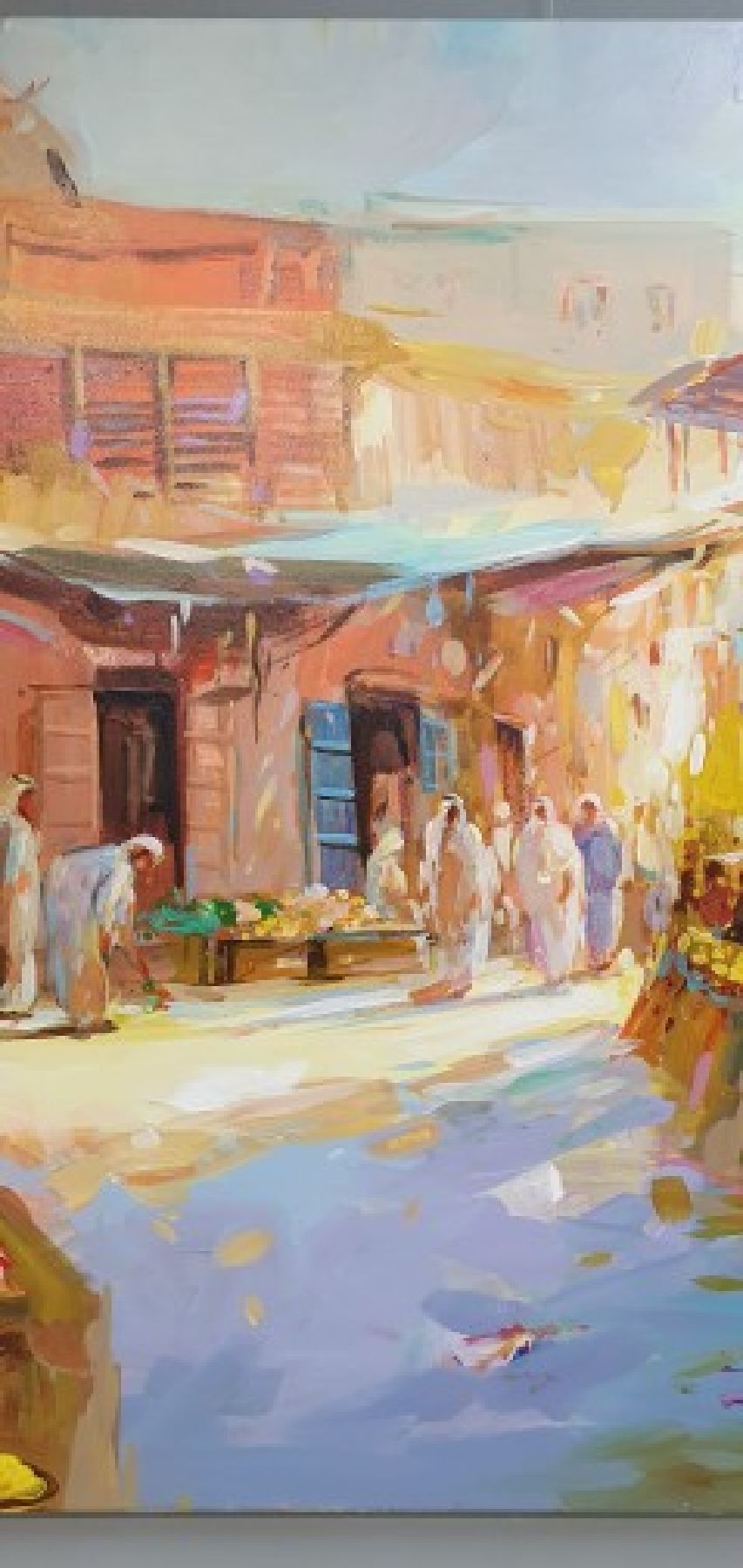 Detail e: Abbas Al-Mosawi, geb. 1952, Soukszene/orientalischer Markt im Abendlicht, reiche Figurenstaffage mit Händlern und Besuchern im Gespräch, li. u. ...