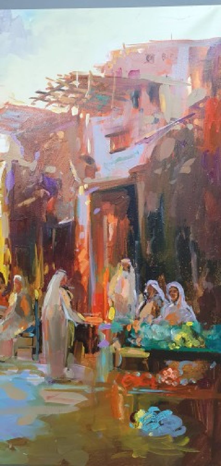 Detail f: Abbas Al-Mosawi, geb. 1952, Soukszene/orientalischer Markt im Abendlicht, reiche Figurenstaffage mit Händlern und Besuchern im Gespräch, li. u. ...