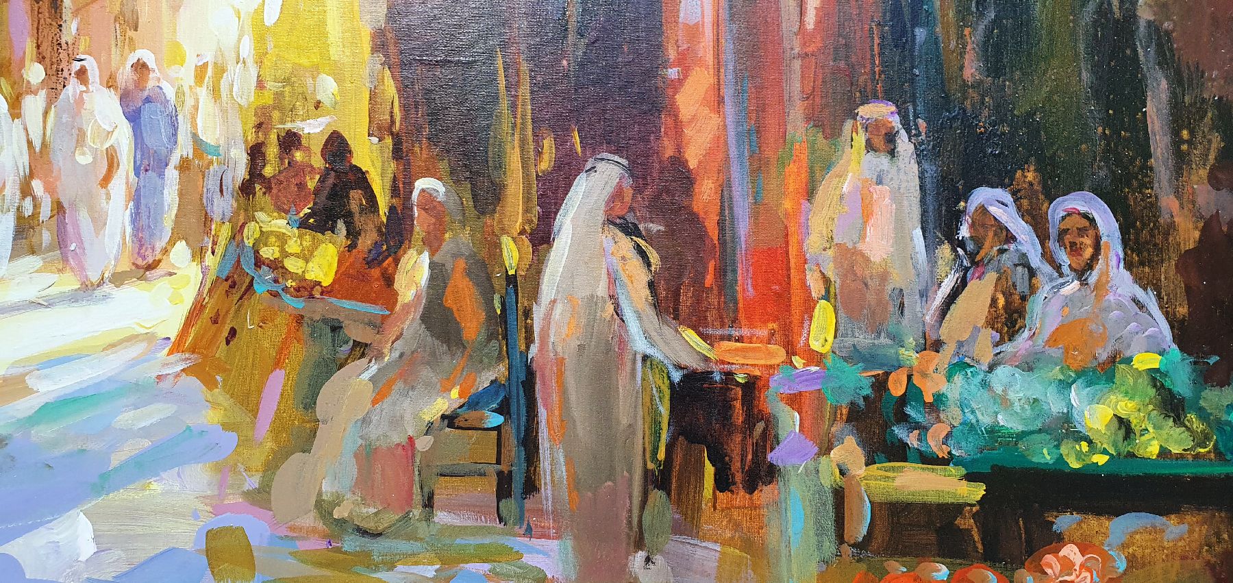 Detail g: Abbas Al-Mosawi, geb. 1952, Soukszene/orientalischer Markt im Abendlicht, reiche Figurenstaffage mit Händlern und Besuchern im Gespräch, li. u. ...