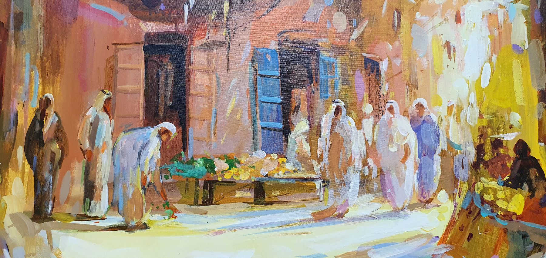 Detail h: Abbas Al-Mosawi, geb. 1952, Soukszene/orientalischer Markt im Abendlicht, reiche Figurenstaffage mit Händlern und Besuchern im Gespräch, li. u. ...