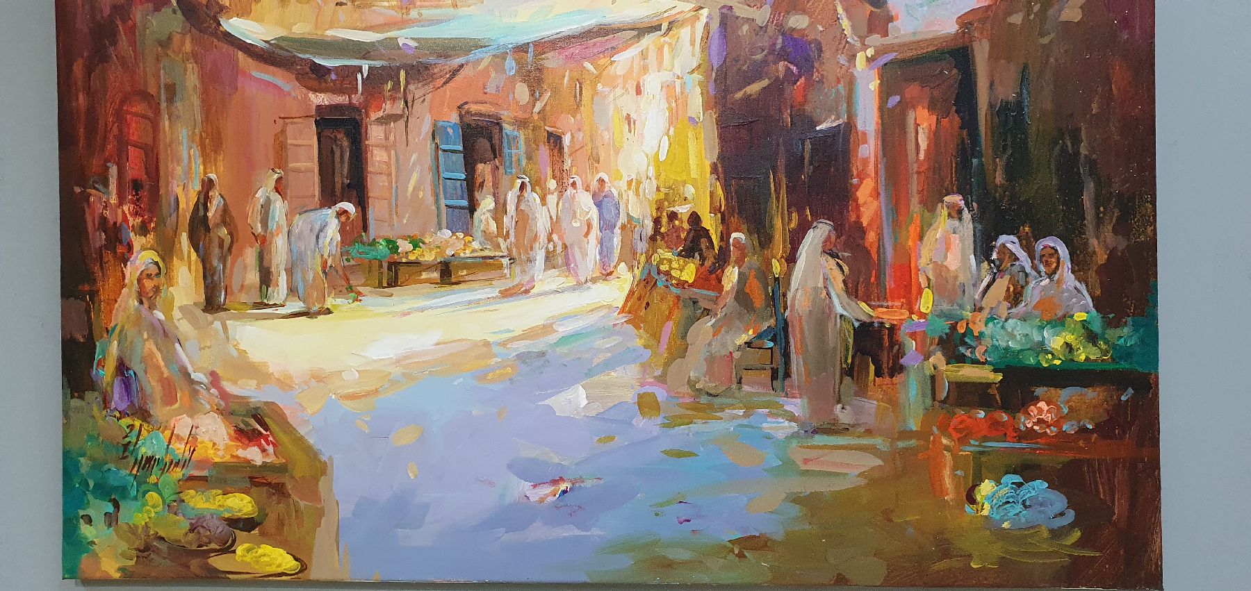 Detail l: Abbas Al-Mosawi, geb. 1952, Soukszene/orientalischer Markt im Abendlicht, reiche Figurenstaffage mit Händlern und Besuchern im Gespräch, li. u. ...
