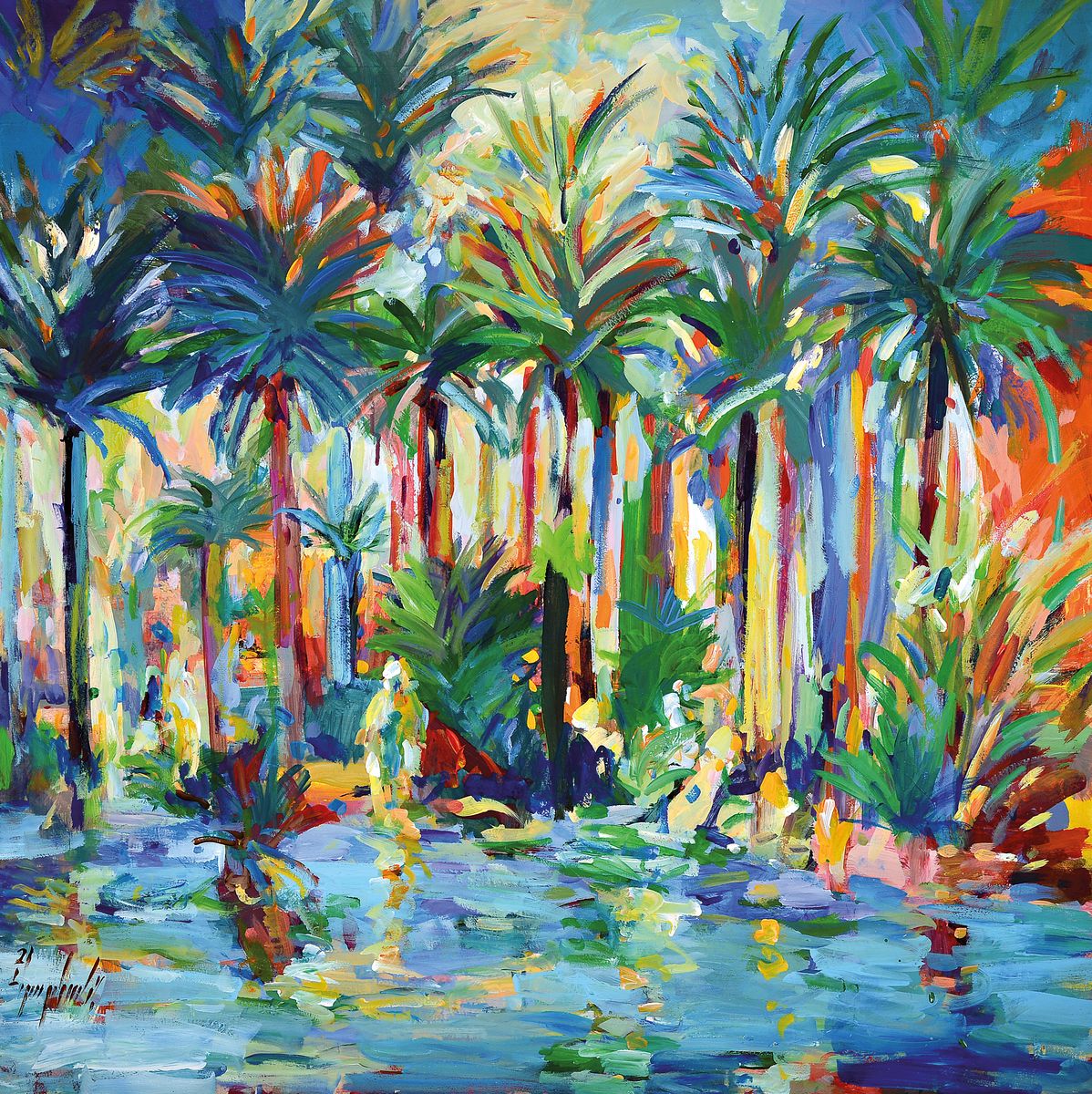 Abbas Al-Mosawi, geb. 1952, Oasenlandschaft mit Figurenstaffage, Acryl/Lwd, signiert und dat. 2021, ca. 110 x 110 cm, Abbas Al- Mosawi ist einer der ...