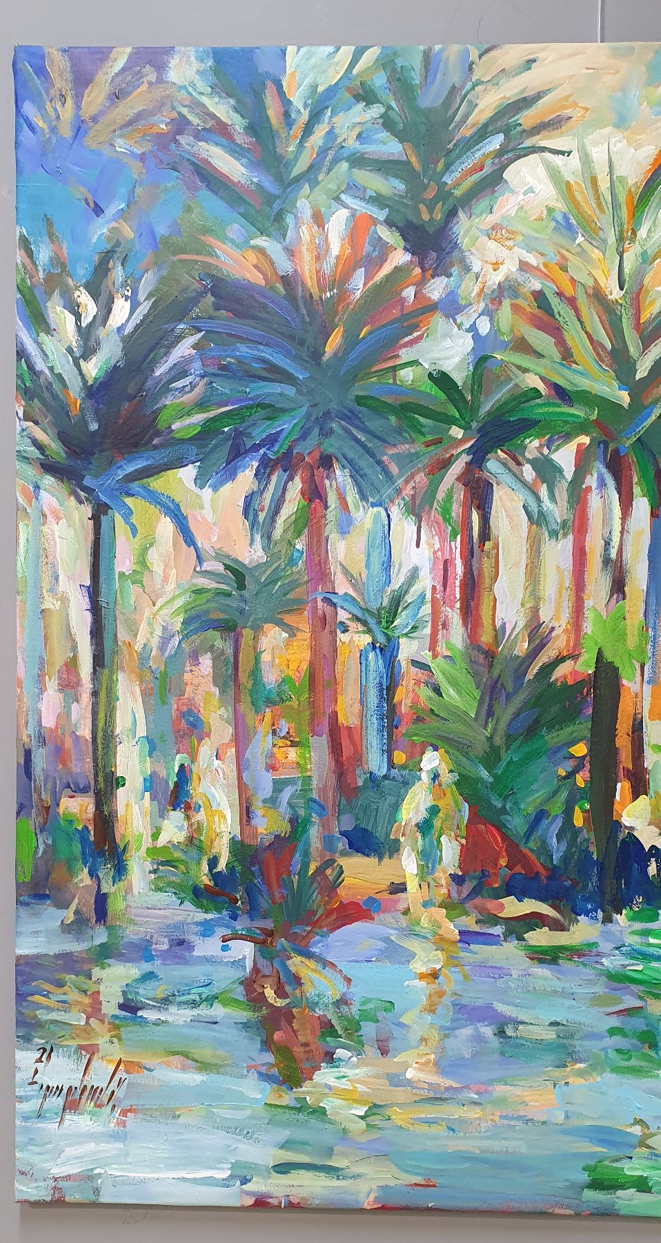 Detail a: Abbas Al-Mosawi, geb. 1952, Oasenlandschaft mit Figurenstaffage, Acryl/Lwd, signiert und dat. 2021, ca. 110 x 110 cm, Abbas Al- Mosawi ist einer der ...