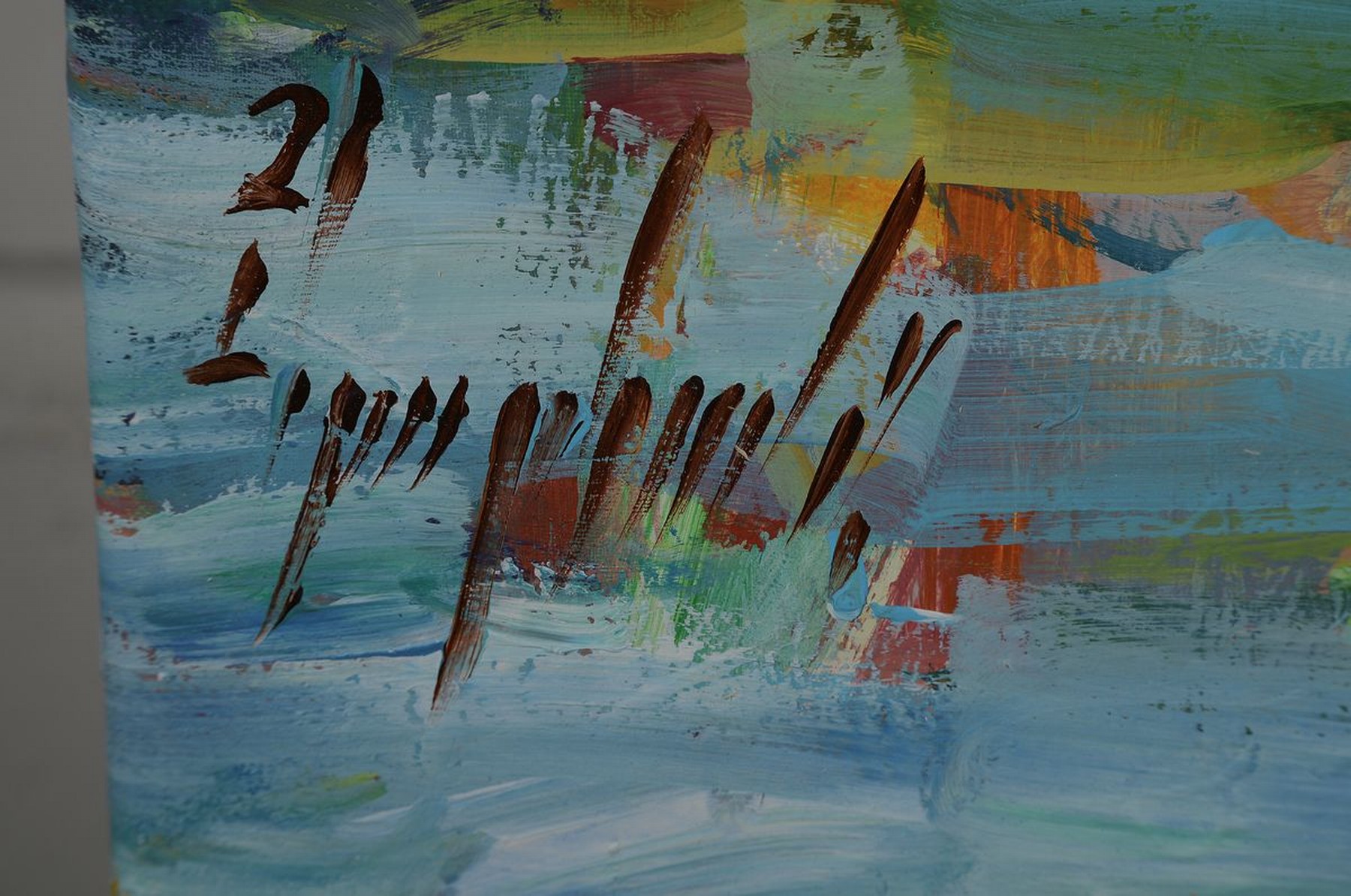 Detail c: Abbas Al-Mosawi, geb. 1952, Oasenlandschaft mit Figurenstaffage, Acryl/Lwd, signiert und dat. 2021, ca. 110 x 110 cm, Abbas Al- Mosawi ist einer der ...