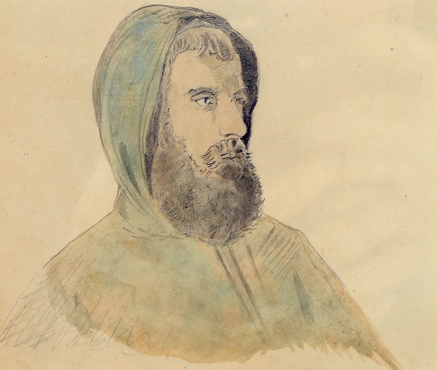 Friedrich Preller der Ältere, 1804 Eisenach - 1878 Weimar, Aquarellskizze, Porträt, Bleistift aquarelliert, unsigniert, aus einem Skizzenbuch ...