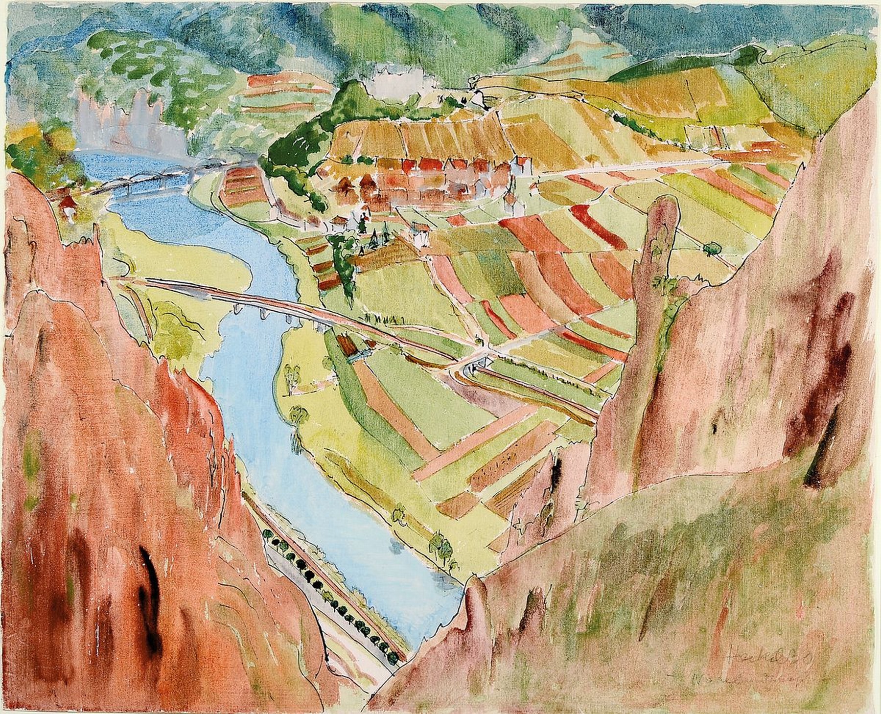 Erich Heckel, 1883 - 1970,, Aquarell und Tuschefeder auf Velin, "Nahelandschaft", re. u. signiert und dat. Heckel 30 und betitelt, mit ...