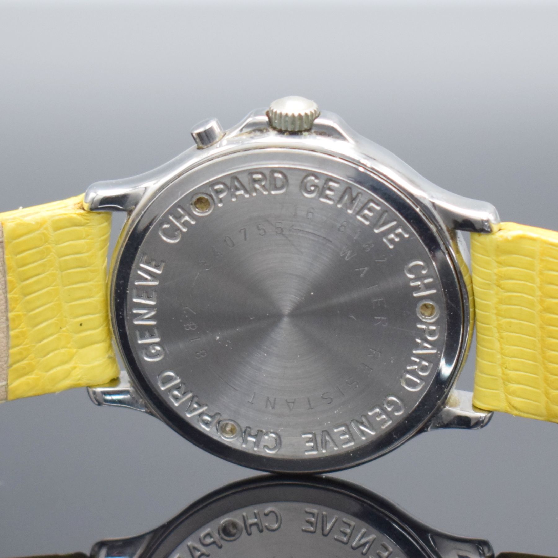 Detail d: CHOPARD Eindrückerchronograph Mille Miglia Referenz 16/8182, Schweiz um 1991, Edelstahlgeh., Boden & Krone verschr., quarz, Anz. v. Std., Min., ...