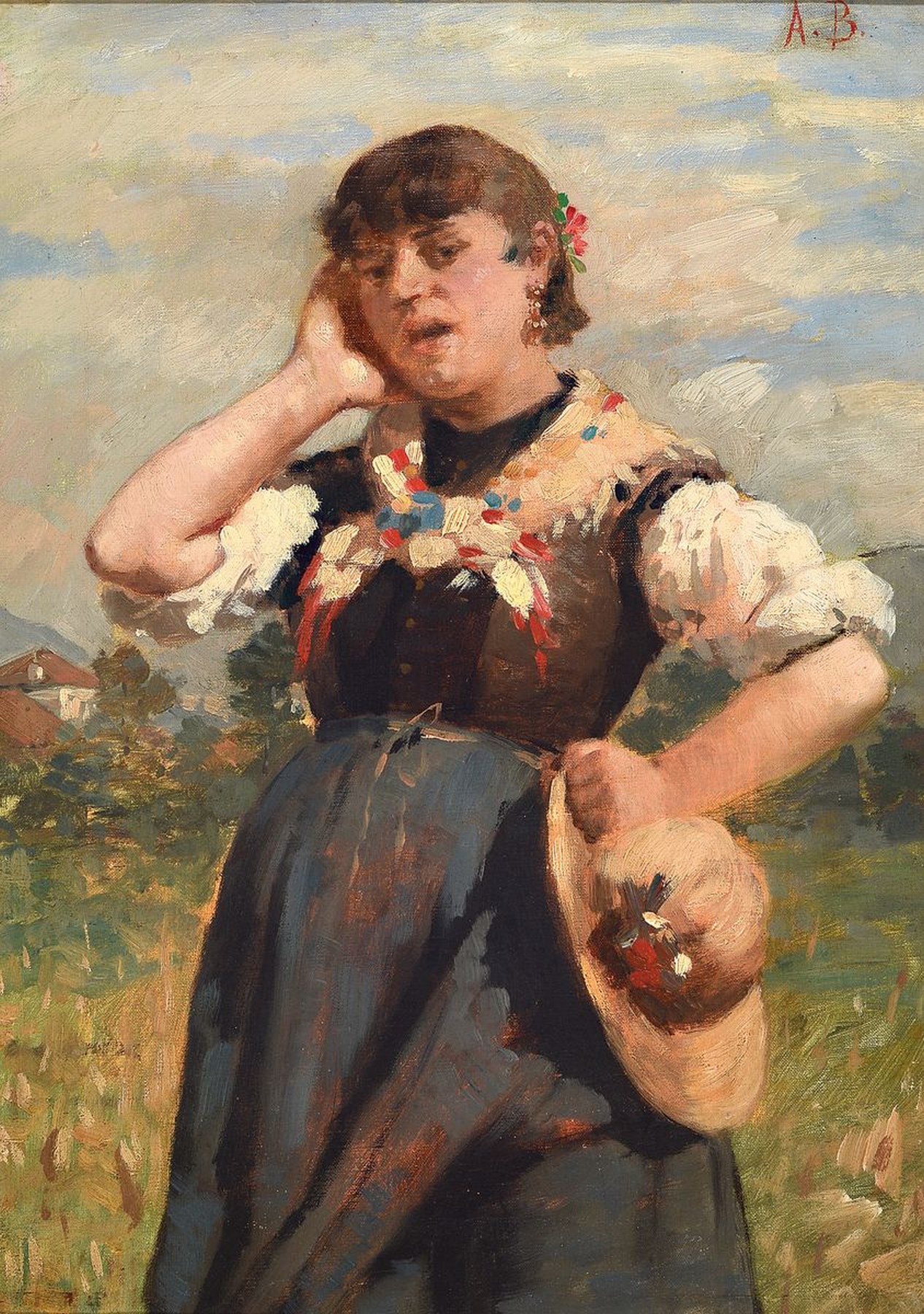 Zuschreibung: Auguste Baud-Bovy, 1848 Genf - 1899 Davos, Schüler von Barthelemy Menn, Porträt einer jungen Frau in schweizer Tracht, rechts oben ...