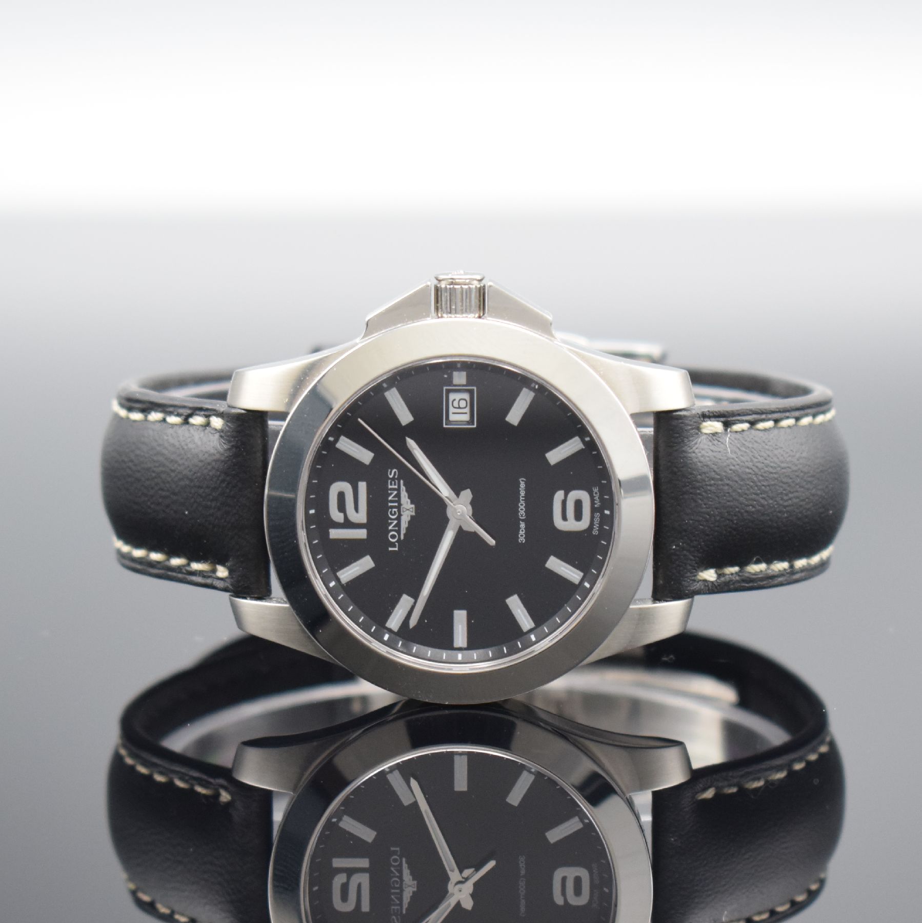 LONGINES Armbanduhr Conquest Referenz L3.377.4, quarz, Edelstahlgeh. inkl. orig. Lederband m. dopp. Faltschl., Boden & Krone verschr., ab Herst. ...
