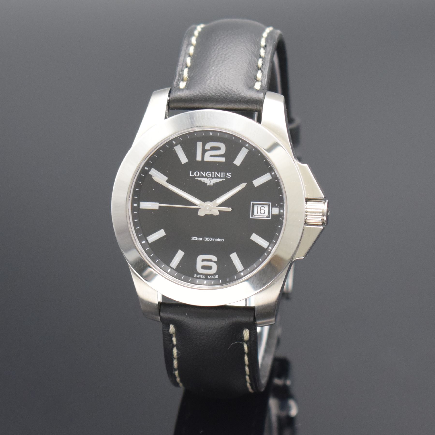 Detail b: LONGINES Armbanduhr Conquest Referenz L3.377.4, quarz, Edelstahlgeh. inkl. orig. Lederband m. dopp. Faltschl., Boden & Krone verschr., ab Herst. ...