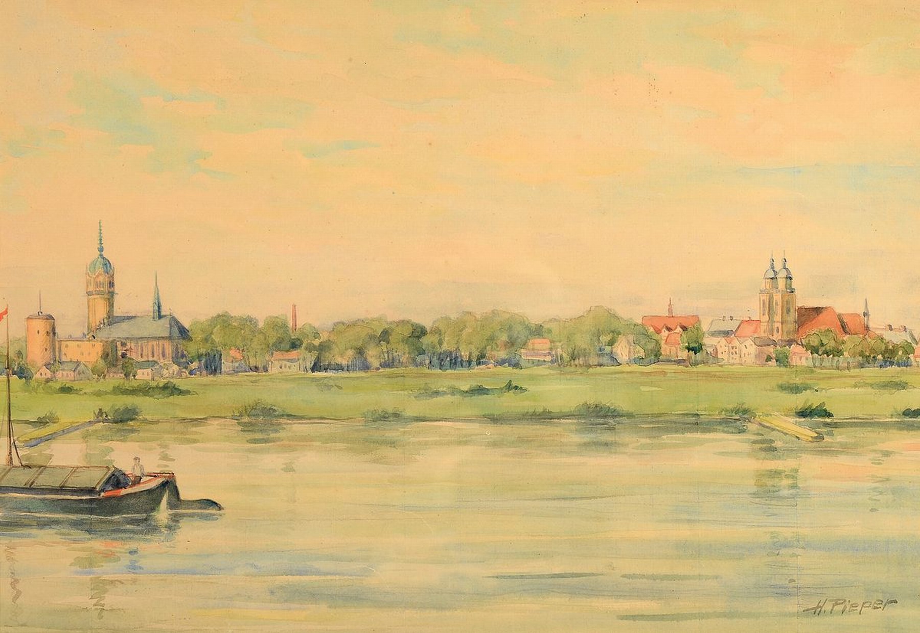 Heinrich Pieper, geb. 1889 Berlin, Blick über die Elbe auf Wittenberg, Aquarell/Papier, verso bez. u. datiert um 1930, rechts unten signiert, unter ...