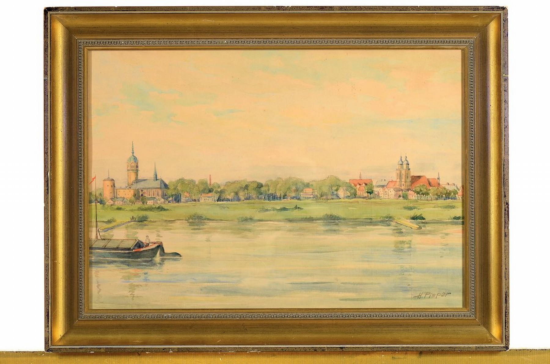 Detail k: Heinrich Pieper, geb. 1889 Berlin, Blick über die Elbe auf Wittenberg, Aquarell/Papier, verso bez. u. datiert um 1930, rechts unten signiert, unter ...