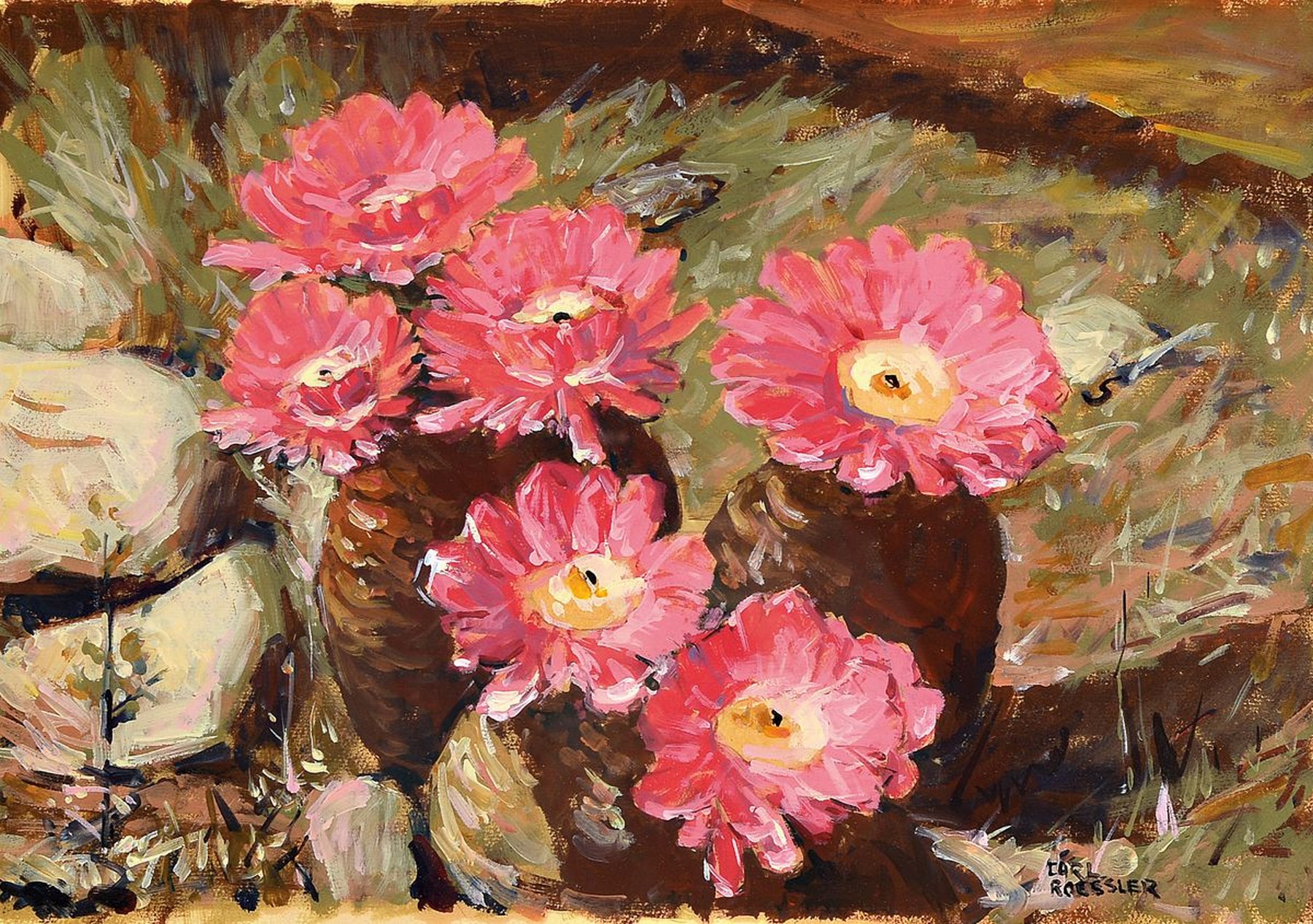 Carl Roessler, 1877 Pilsen-1943 Los Angeles, Blumenstillleben mit rosafarbenen Blüten, rechts unten signiert, Öl/Karton, unter PP u. Glas gerahmt, ...