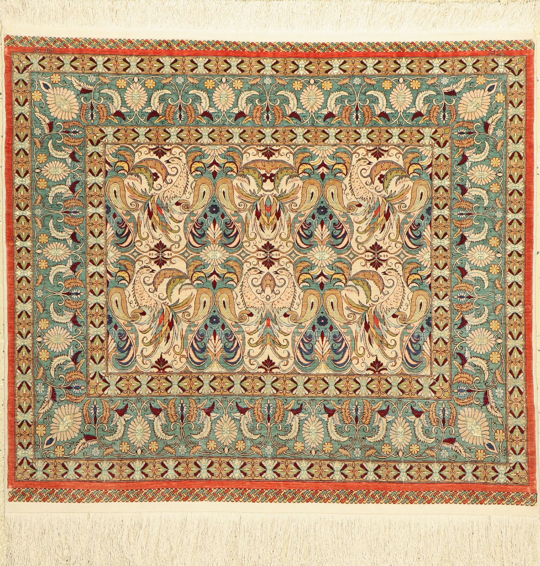 Hereke Seide fein(12 x 12), Signiert(Djar Djar), Türkei, ca. 50 Jahre, reine Naturseide,Metallbroschiert, ca. 90 x 100 cm, ca. 1,4 Mio Kn/qm, EHZ: 2