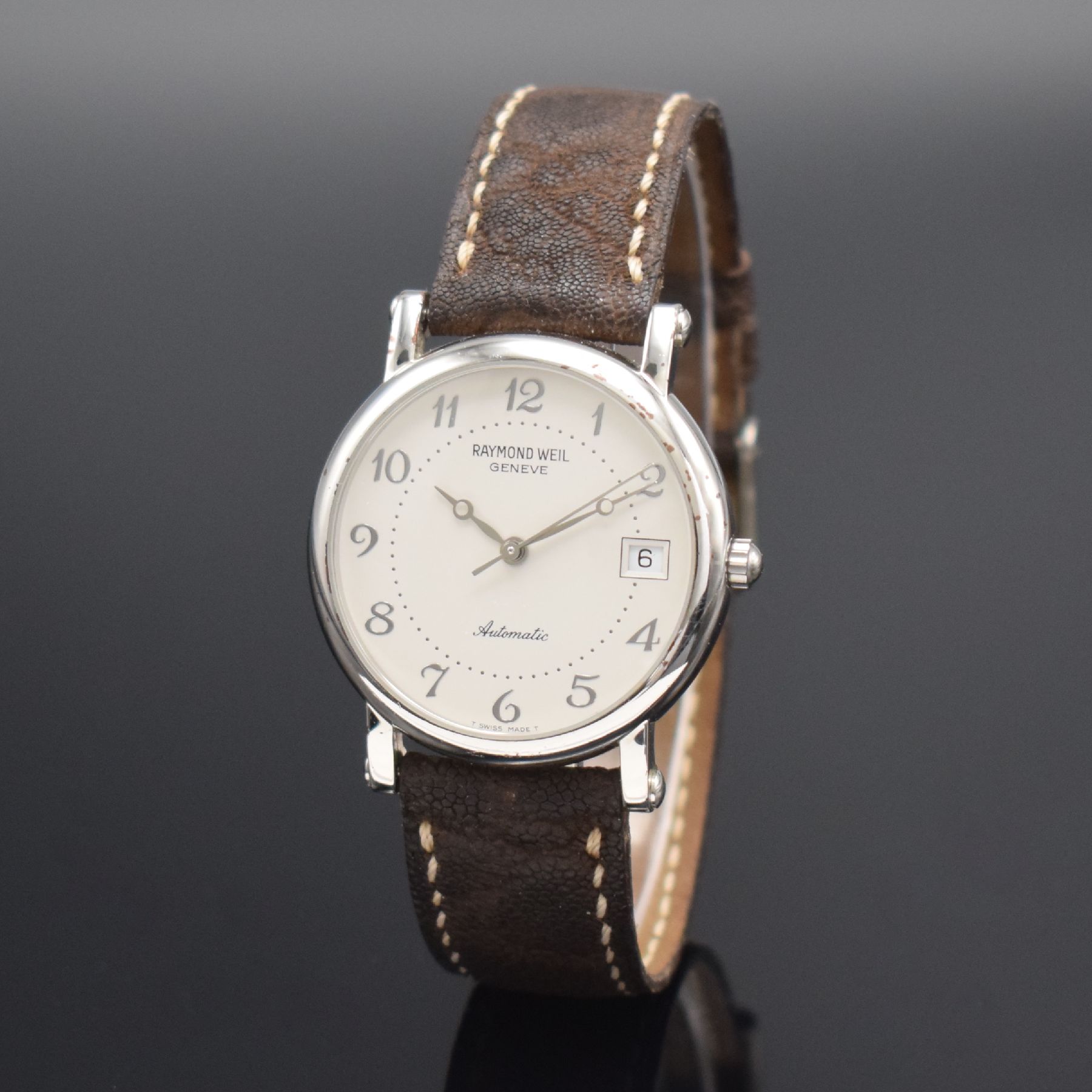 RAYMOND WEIL Herrenarmbanduhr, Schweiz um 2000, Automatik, Edelstahlboden aufgedr., silb. Zifferbl. m. arab. Zahlen, silb. Zeiger, Datum b. 3, Kal. ...