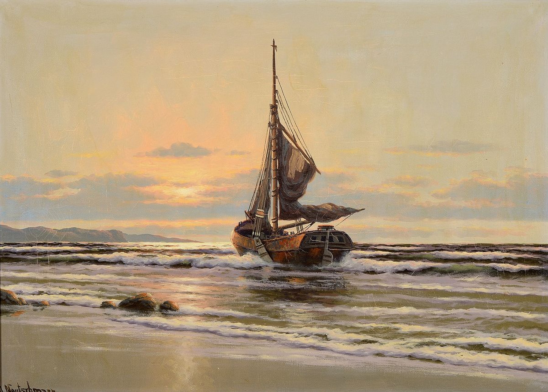 Otto Neutschmann, 1902-1985 Hamburg, Fischerboot auf ruhiger See im Morgenrot, Öl/Lwd, links unten signiert, ca. 50x70cm, R. ca. 62x82cm