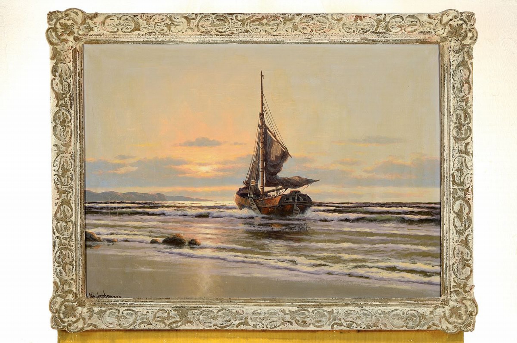 Detail k: Otto Neutschmann, 1902-1985 Hamburg, Fischerboot auf ruhiger See im Morgenrot, Öl/Lwd, links unten signiert, ca. 50x70cm, R. ca. 62x82cm