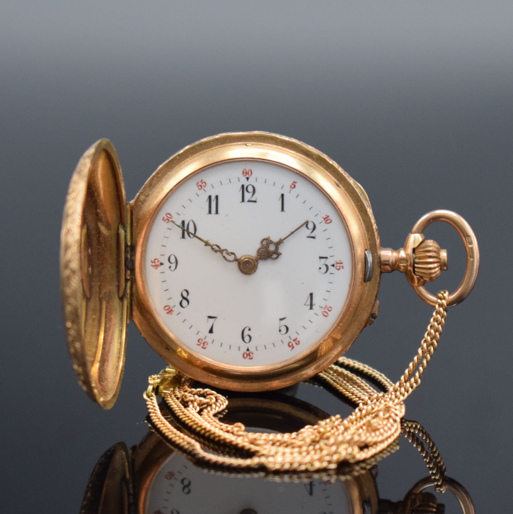 MONOPOL / DÜRRSTEIN Damensavonette in GG 585/000 mit Kette in GG 585/000, Schweiz um 1900, floral grav. 2 Deckel-Goldgeh. dell., Metallcuvette, ...