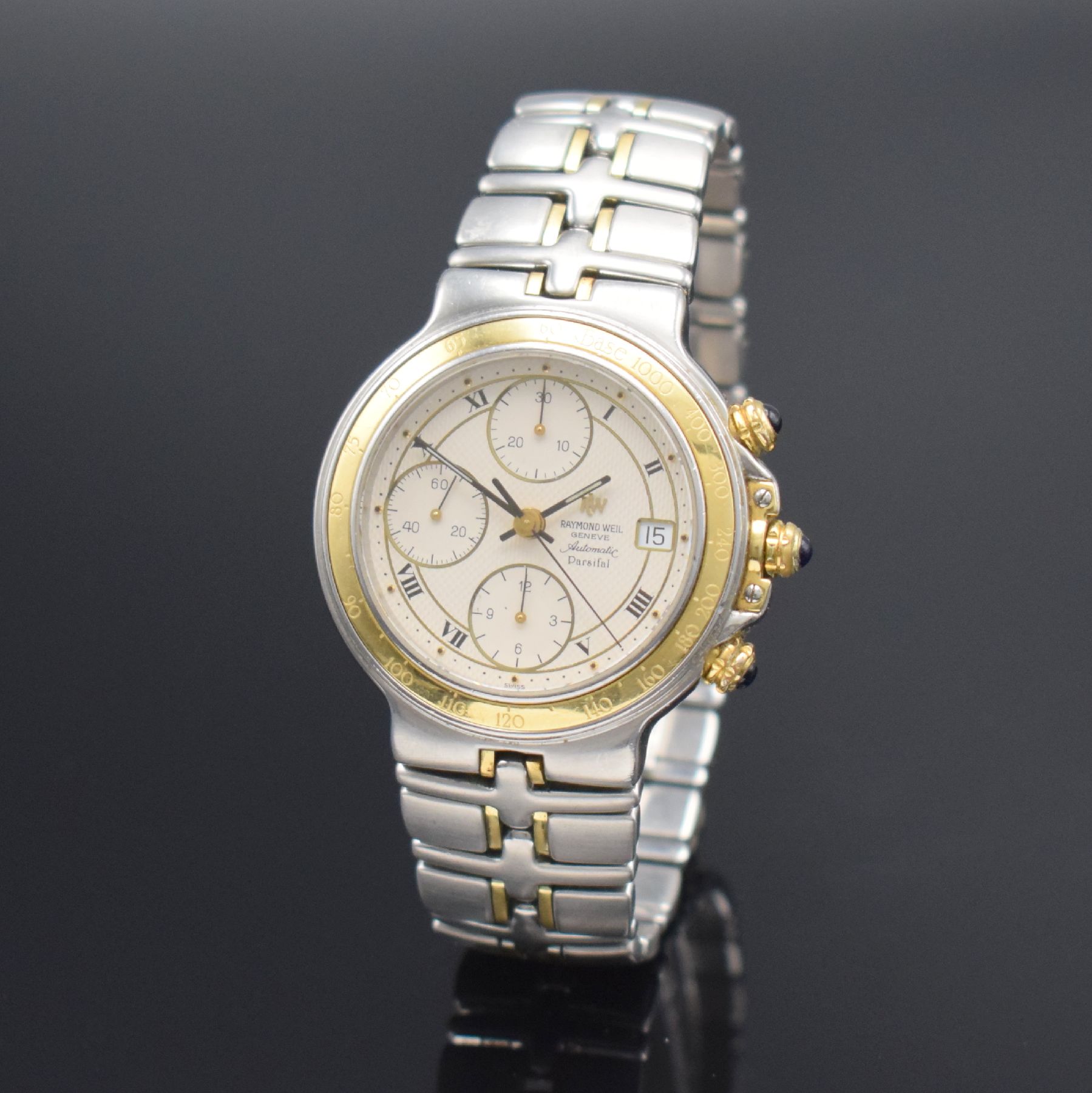 Detail b: RAYMOND WEIL Armbandchronograph Modellserie Parsifal Referenz 7790, Schweiz um 1997, Automatik, Edelstahl/Gold kombiniert inkl. Gliederband m. dopp. ...