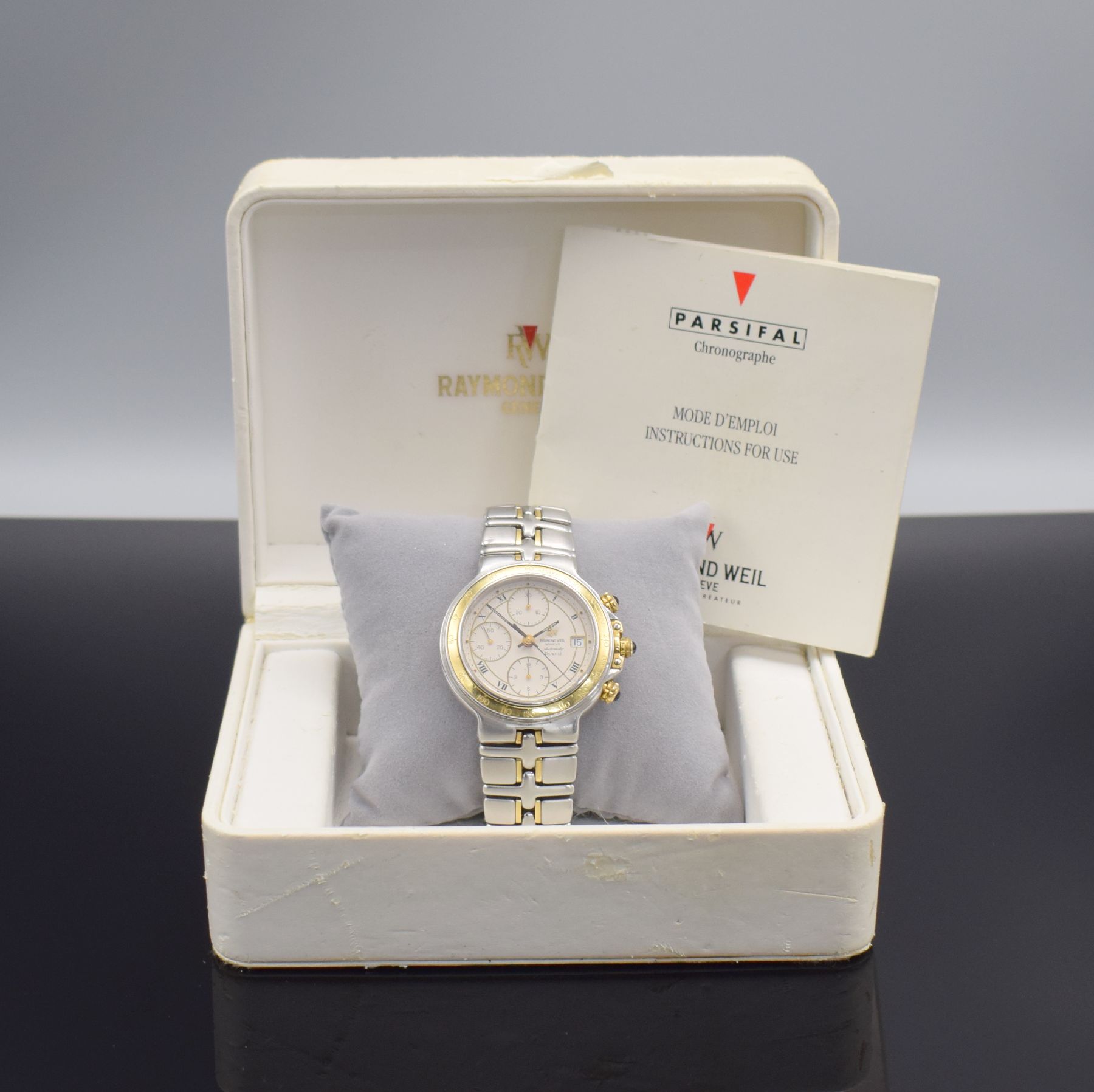 Detail e: RAYMOND WEIL Armbandchronograph Modellserie Parsifal Referenz 7790, Schweiz um 1997, Automatik, Edelstahl/Gold kombiniert inkl. Gliederband m. dopp. ...