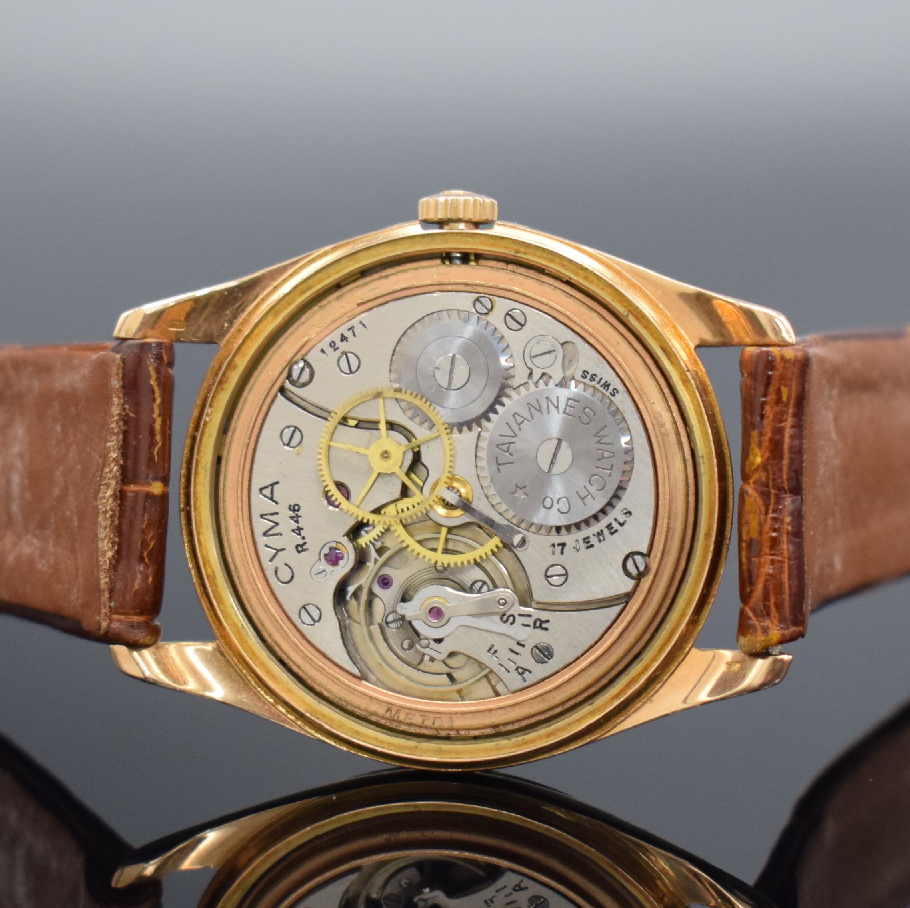 Detail f: CYMA Navystar Chronometer seltene Herrenarmbanduhr in RoseG 750/000, Schweiz um 1960, Handaufzug, 2-teil. Geh., Boden geschr., silb. Zifferbl. m. ...