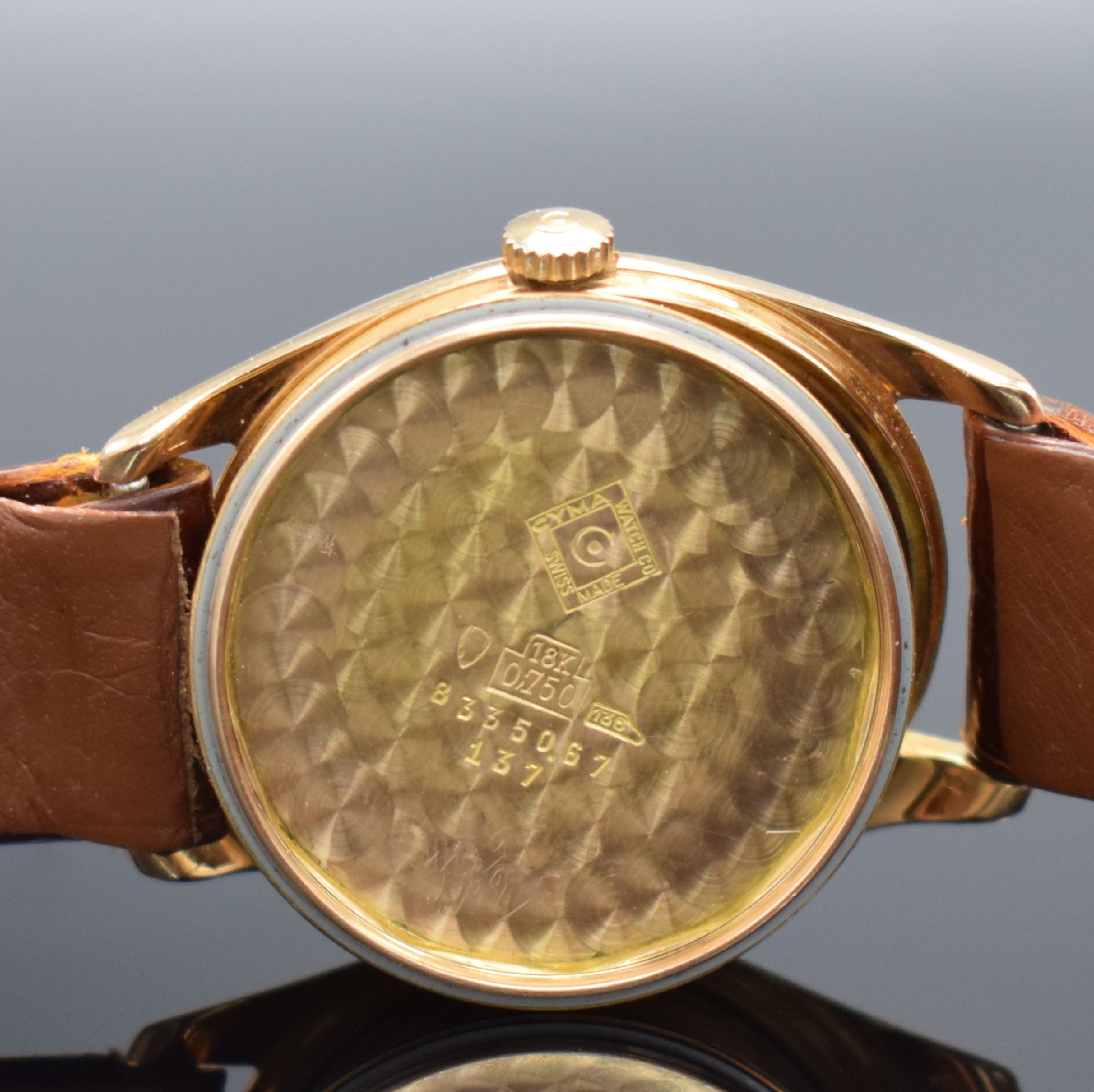 Detail g: CYMA Navystar Chronometer seltene Herrenarmbanduhr in RoseG 750/000, Schweiz um 1960, Handaufzug, 2-teil. Geh., Boden geschr., silb. Zifferbl. m. ...