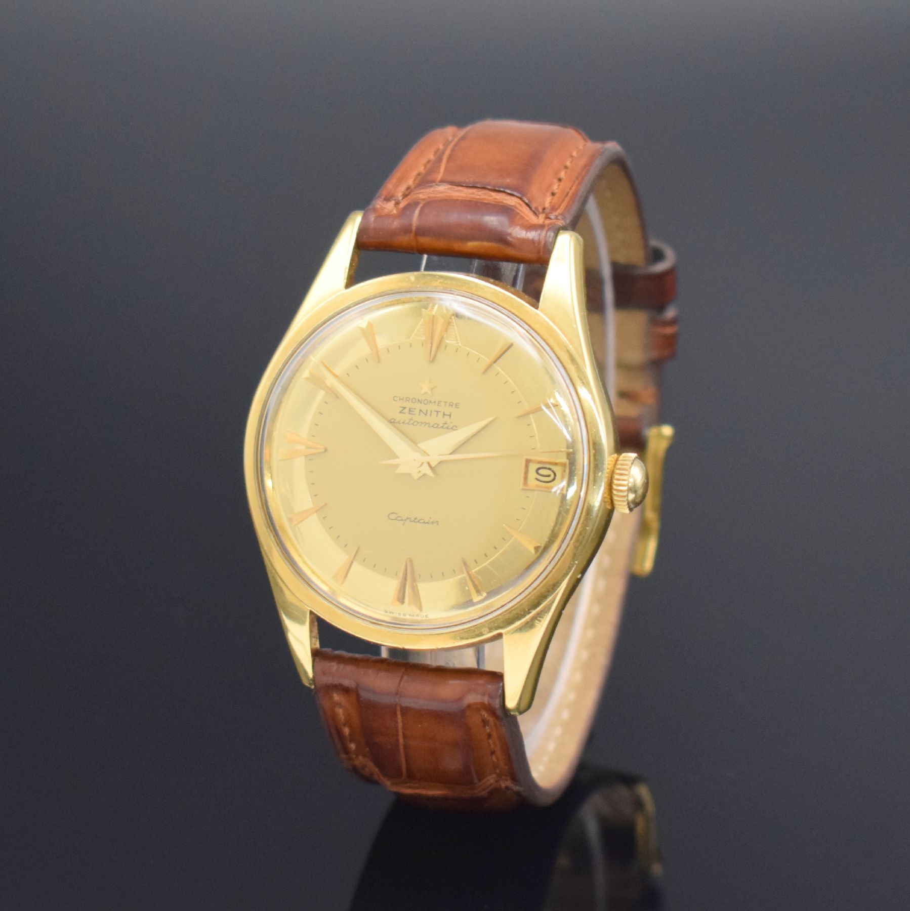 ZENITH Captain Chronometer Herrenarmbanduhr in GG 750/000 Kaliber 71, Schweiz um 1958, sog. Hammerautomatik, 2-teil. Geh., Boden geschr., aufw. gold. ...