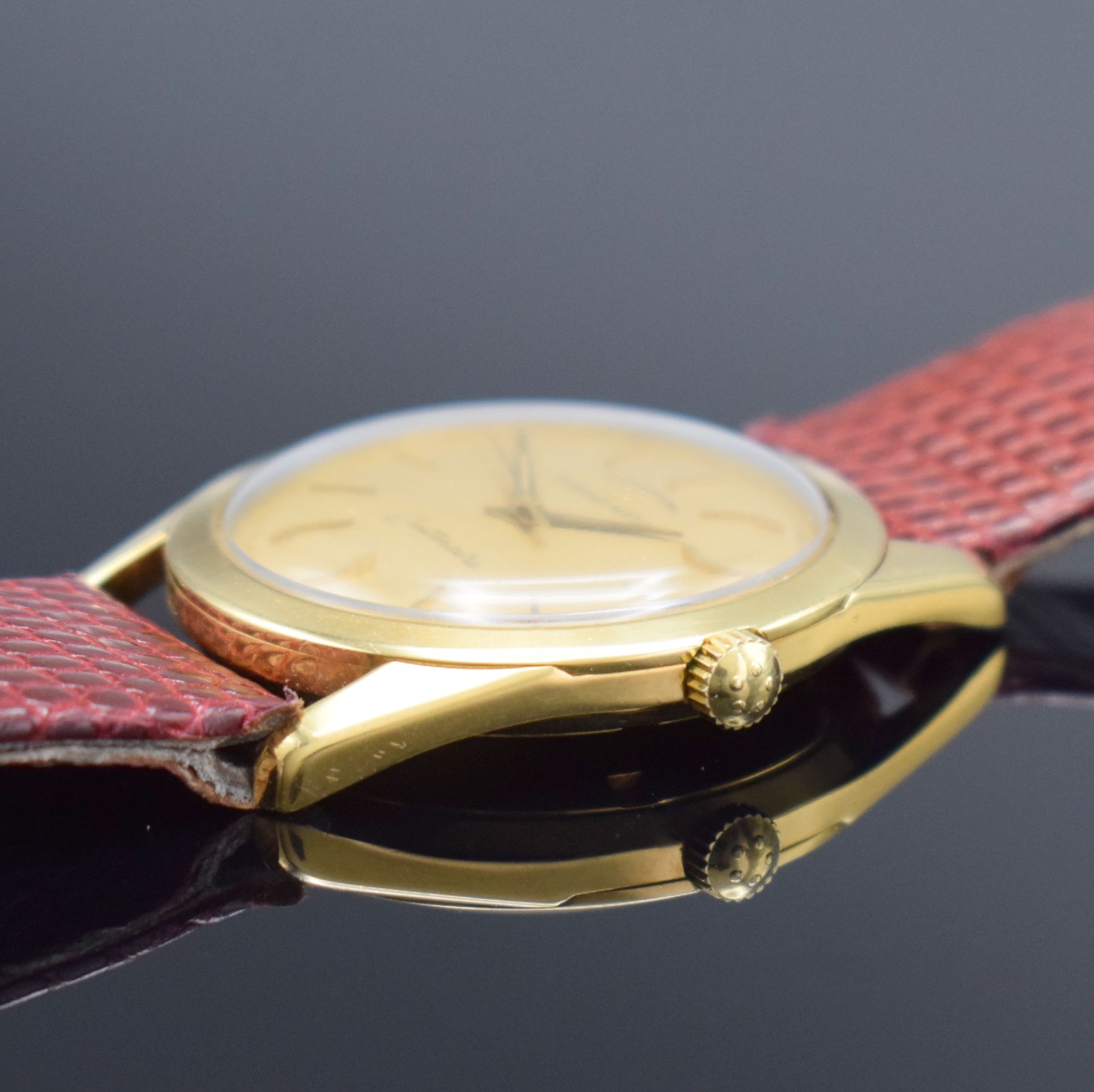 Detail d: ETERNA-MATIC Centenaire Chronometer Herrenarmbanduhr in GG 750/000, Schweiz um 1965, Automatik, 3-teil. Geh., Boden geschr., Glasrand aufgedr., gold. ...