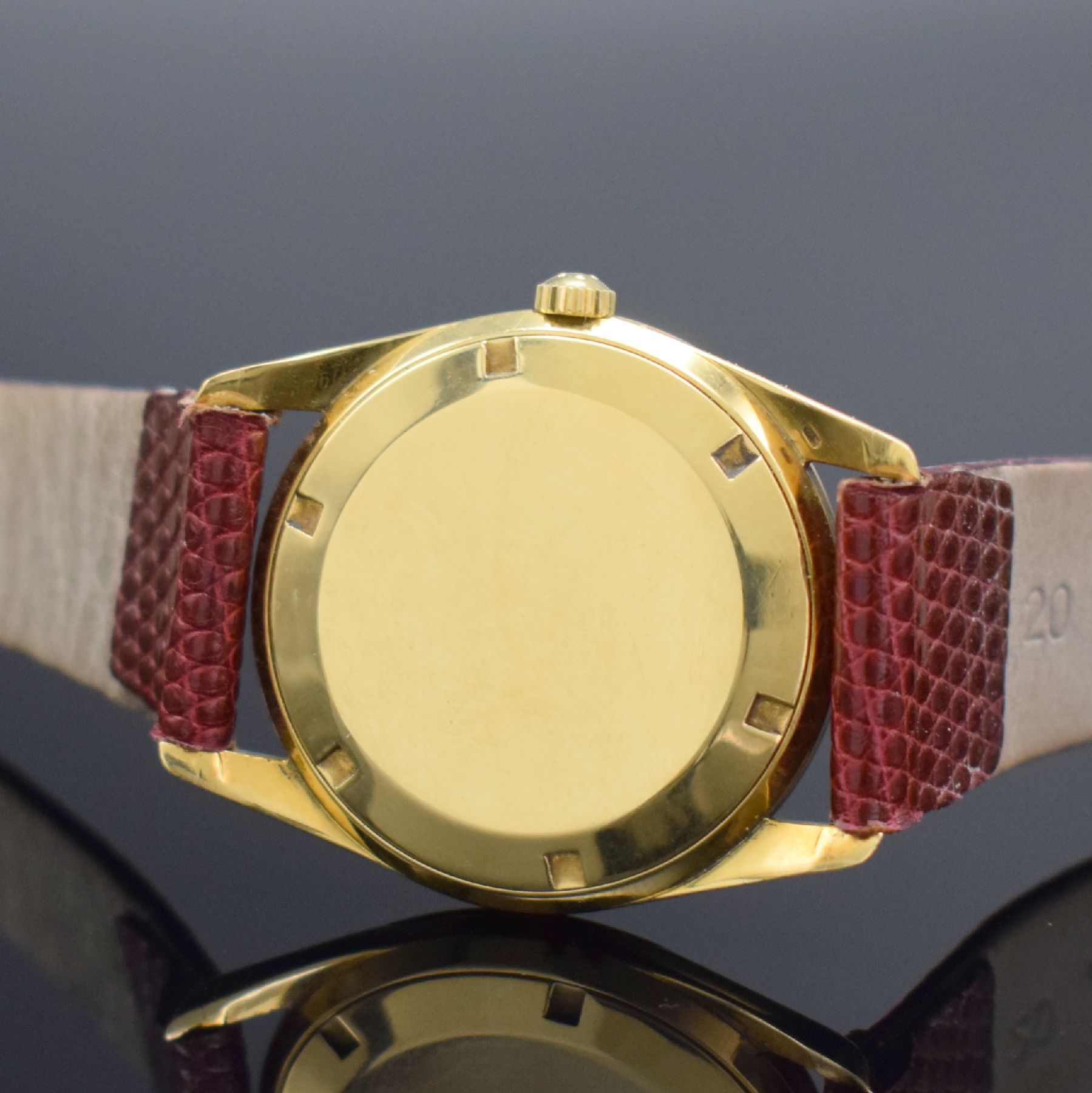 Detail e: ETERNA-MATIC Centenaire Chronometer Herrenarmbanduhr in GG 750/000, Schweiz um 1965, Automatik, 3-teil. Geh., Boden geschr., Glasrand aufgedr., gold. ...