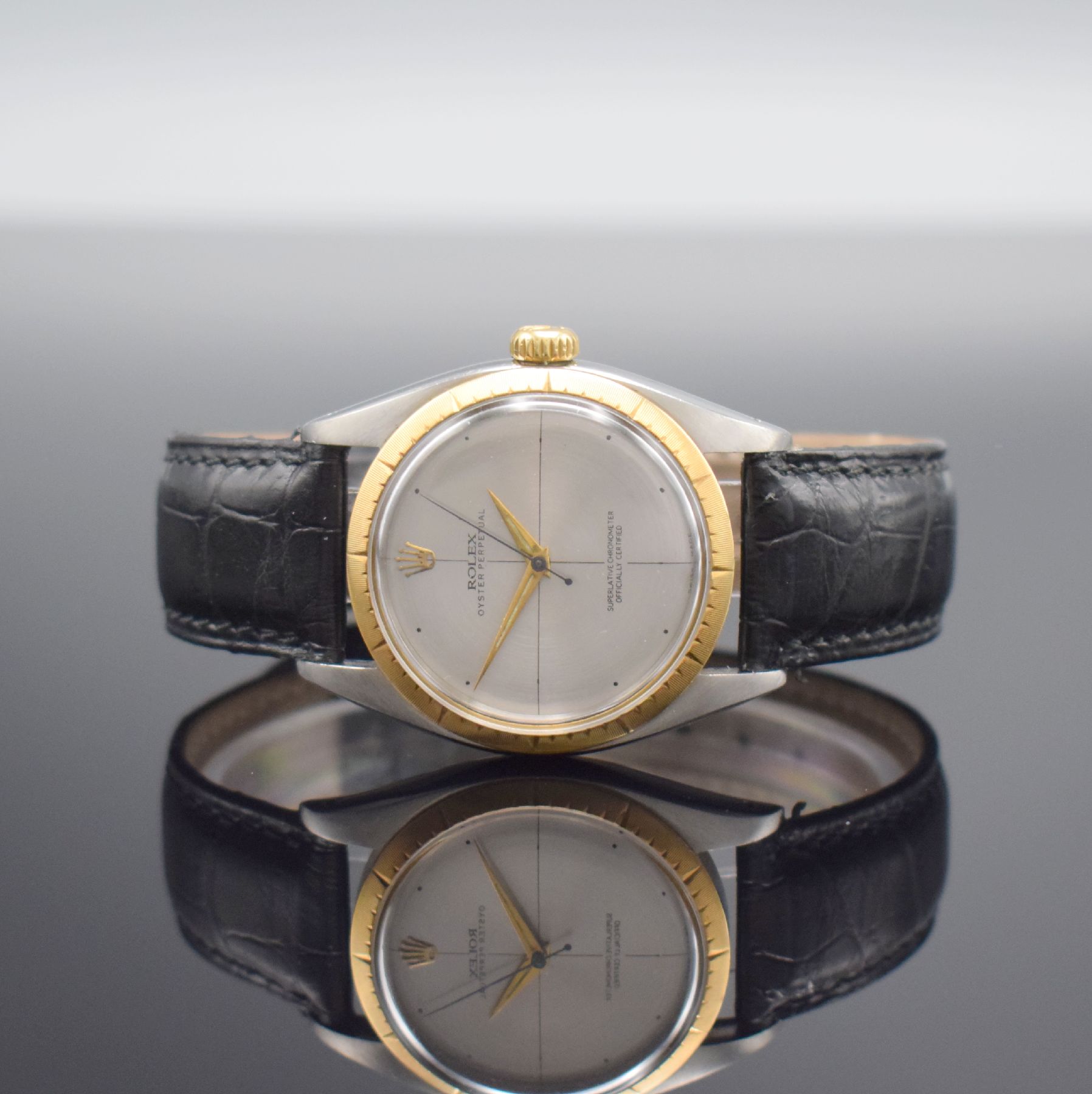 ROLEX Zephyr seltene Herrenarmbanduhr, Schweiz lt. Bodenstempel 4. Quartal 1957, Automatik, Ref. 6582, Chronometer der Superlative in Edelstahl/Gold, ...