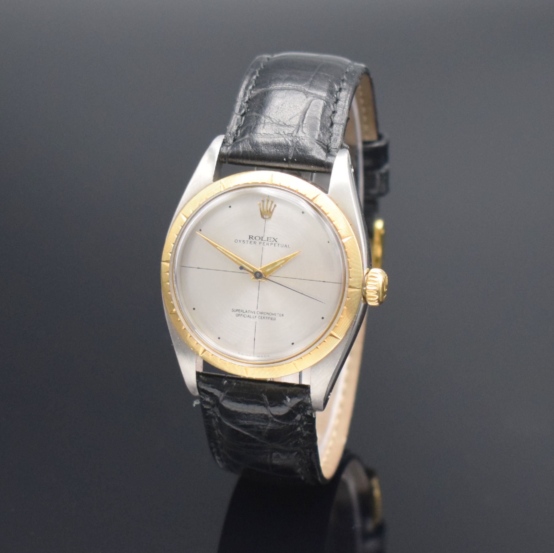Detail b: ROLEX Zephyr seltene Herrenarmbanduhr, Schweiz lt. Bodenstempel 4. Quartal 1957, Automatik, Ref. 6582, Chronometer der Superlative in Edelstahl/Gold, ...