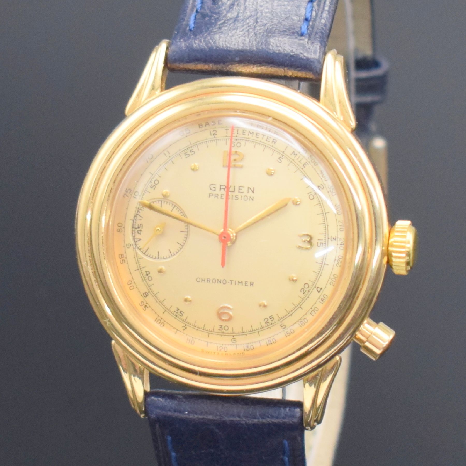 Detail a: GRUEN Chrono-Timer seltene auf 15 Stück limitierte Herrenarmbanduhr mit Chronograph in RoseG 750/000 Schweiz, Gehäuse um 1985, Werk um 1940, ...