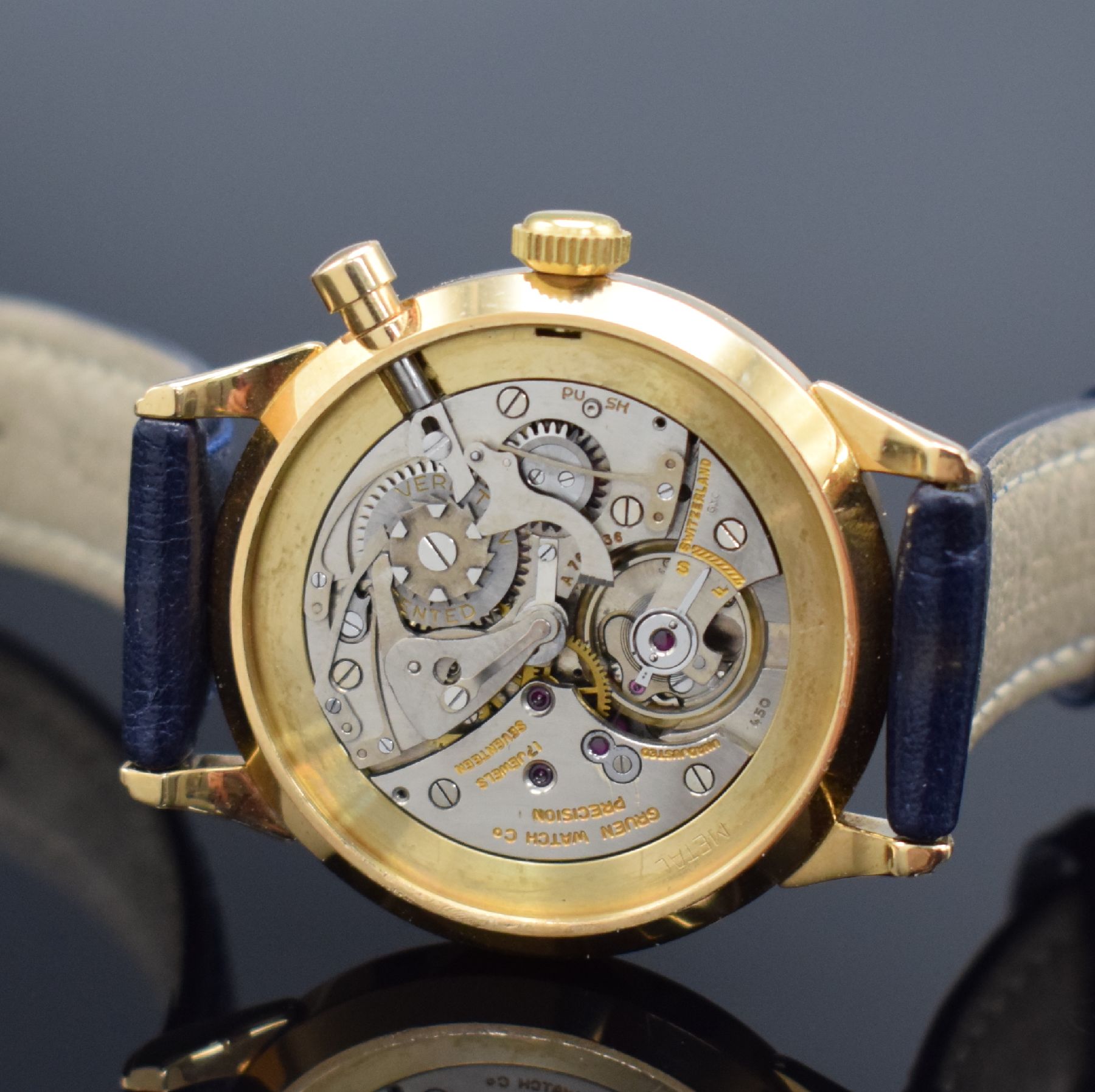 Detail d: GRUEN Chrono-Timer seltene auf 15 Stück limitierte Herrenarmbanduhr mit Chronograph in RoseG 750/000 Schweiz, Gehäuse um 1985, Werk um 1940, ...
