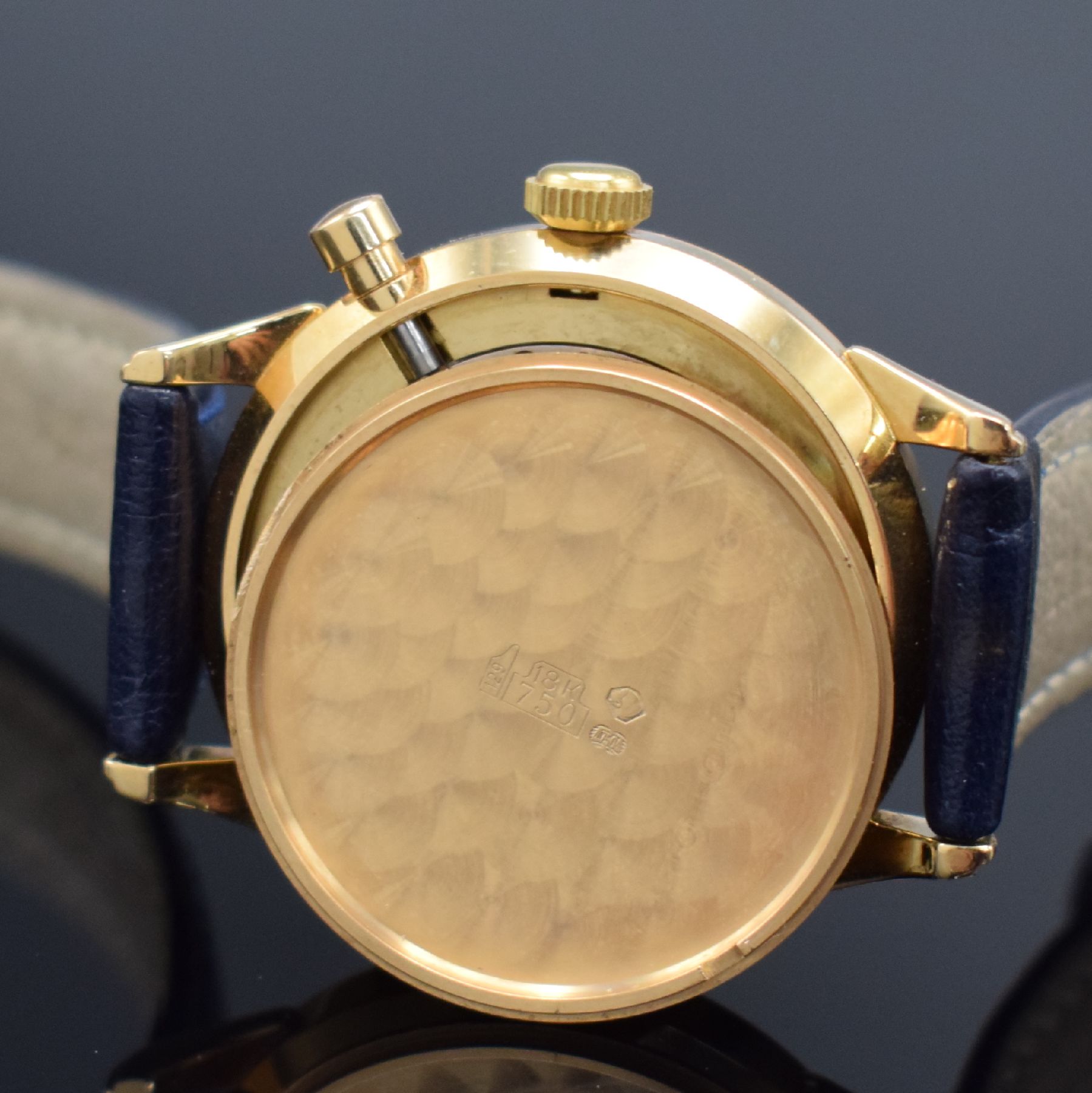Detail e: GRUEN Chrono-Timer seltene auf 15 Stück limitierte Herrenarmbanduhr mit Chronograph in RoseG 750/000 Schweiz, Gehäuse um 1985, Werk um 1940, ...