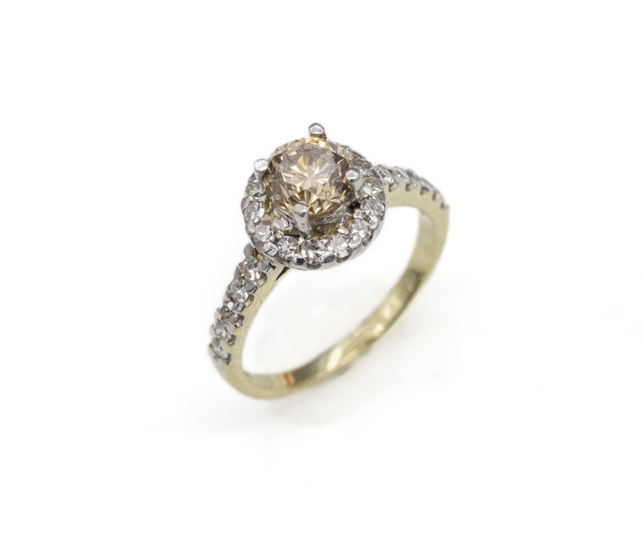 14 kt Gold Brillant-Ring, GG 585/000, mittiger Brillant 1.03 ct Braun, 23 8/8-Diam. zus. ca. 0.50 ct Weiß/si, RW 51, ca. 3.5 g