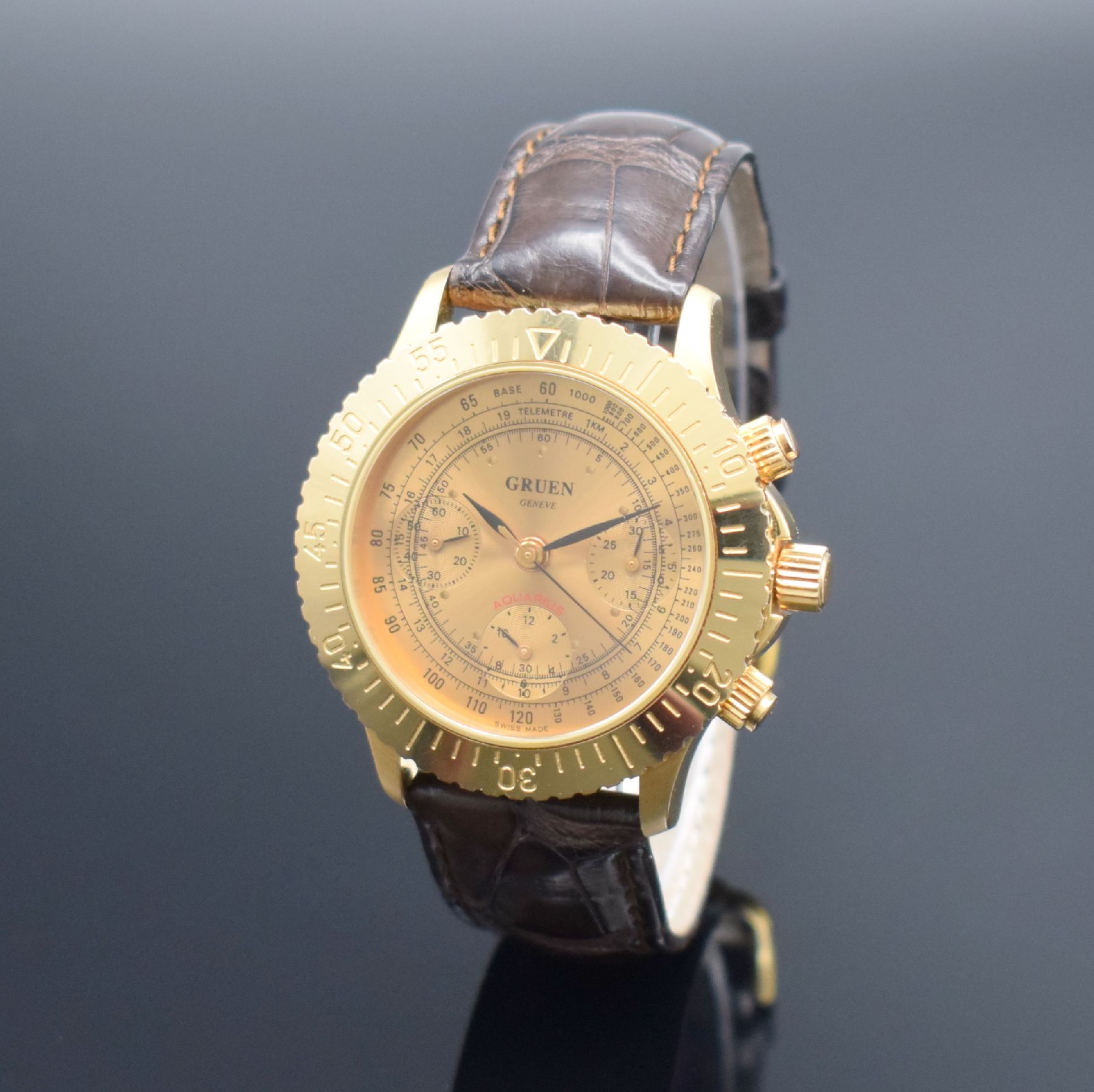 Detail b: GRUEN Aquarius seltene auf 500 Stück limitierte Herrenarmbanduhr in Roségold 750/000, Schweiz um 1990, Automatik, massives Goldgeh., Boden, Krone & ...