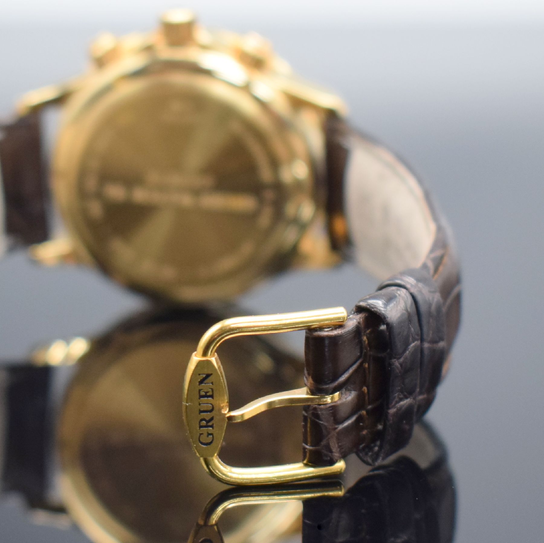 Detail d: GRUEN Aquarius seltene auf 500 Stück limitierte Herrenarmbanduhr in Roségold 750/000, Schweiz um 1990, Automatik, massives Goldgeh., Boden, Krone & ...