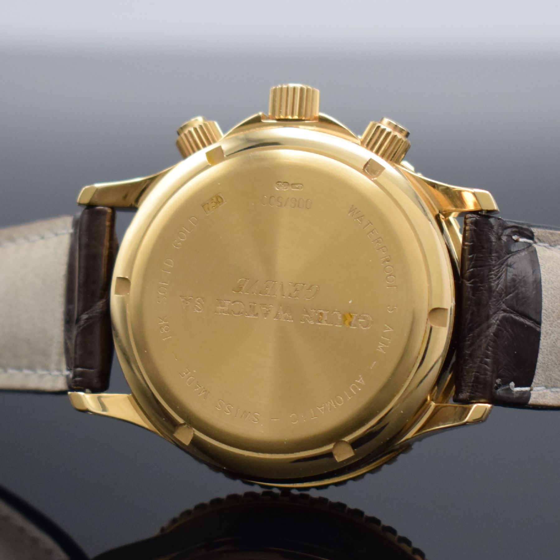 Detail f: GRUEN Aquarius seltene auf 500 Stück limitierte Herrenarmbanduhr in Roségold 750/000, Schweiz um 1990, Automatik, massives Goldgeh., Boden, Krone & ...